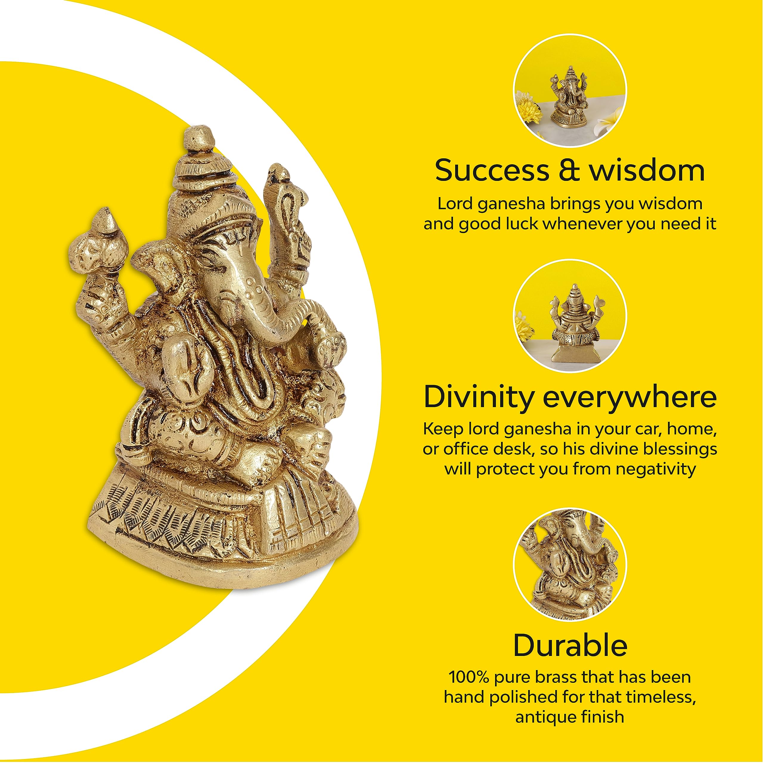 10Club Lord Ganesha Idol - 1Pc (7.6 cm, 300 Grams) - 100% Pure Brass | Mandir Ganesh Idol (Murti) For Desk, Car, Home Decor and