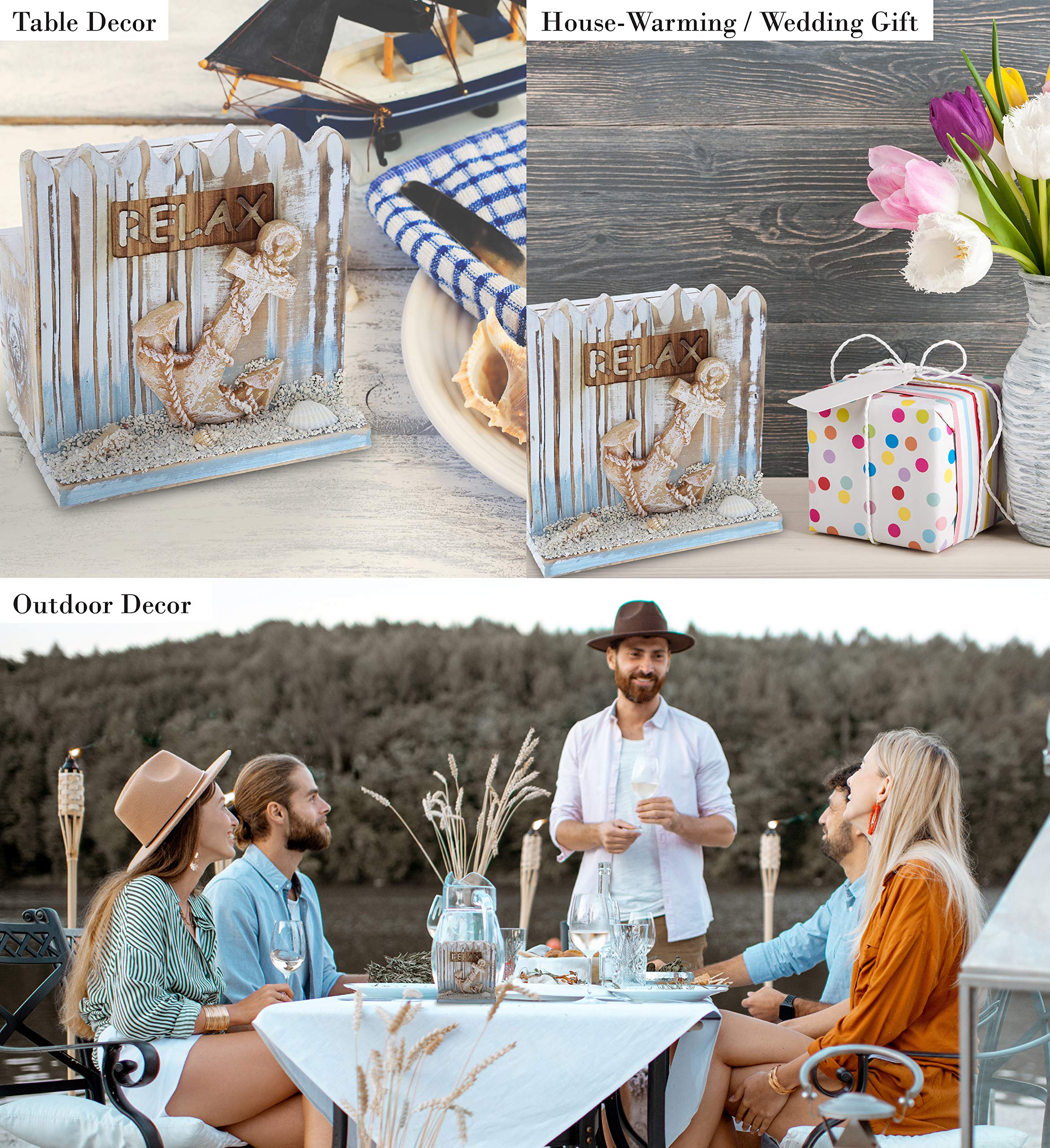 Cota Global Coastal Horizon Nautical Wooden Coaster Set - Rustic Square Coaster Set With Holder, Cute Beach Theme Drink Coasters