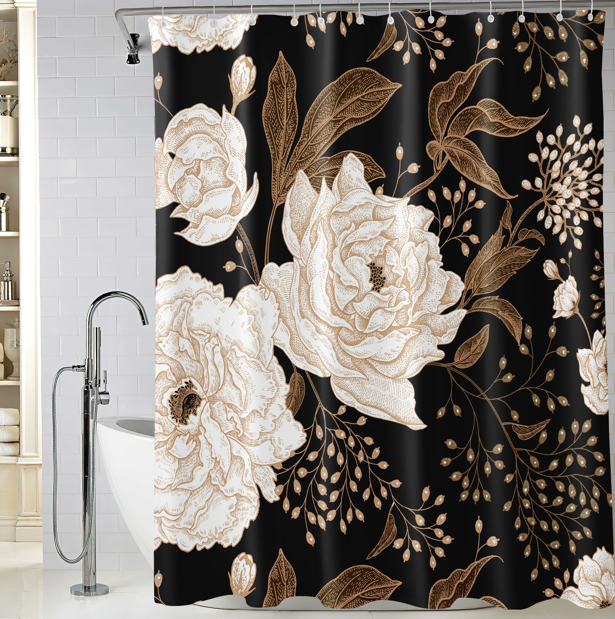 Bivinar Long Black Gold Floral Shower Curtain 72 X 78 Inch, Black Flowers Bathroom Shower Curtain, Fabric Waterproof Shower Curt