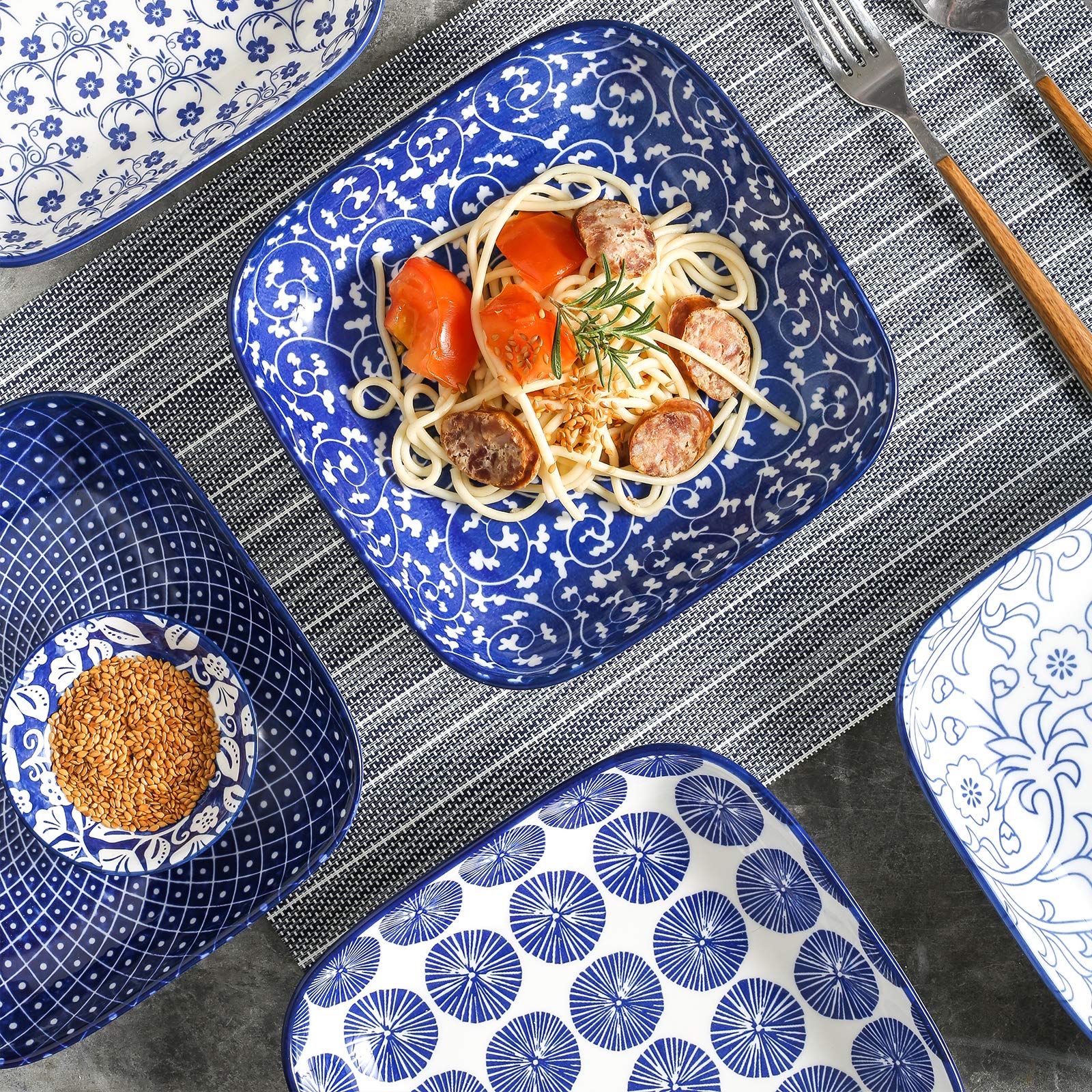 Selamica Porcelain 8-inch Square Dinner Plates  Salad Pasta Bowls  Set of 6  Vintage Blue