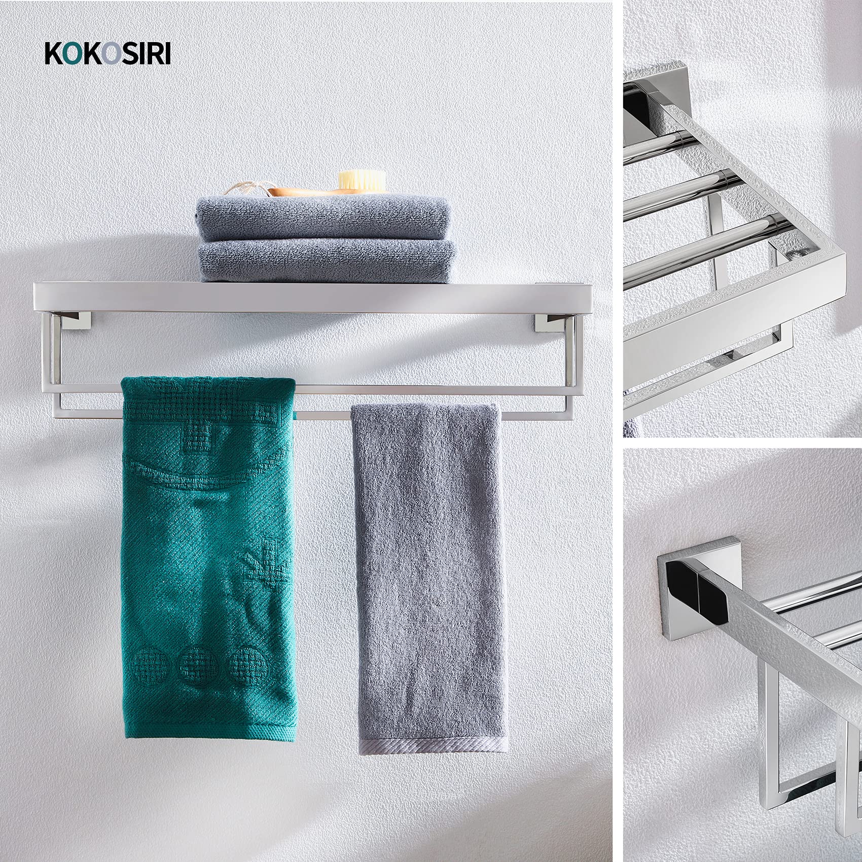 KOKOSIRI 24'' Bathroom Towel Shelf Chrome Towel Rack with Two Bath Towel Bars SUS304 Stainless Steel Wall Mounted  Polished Finish  B6003CH