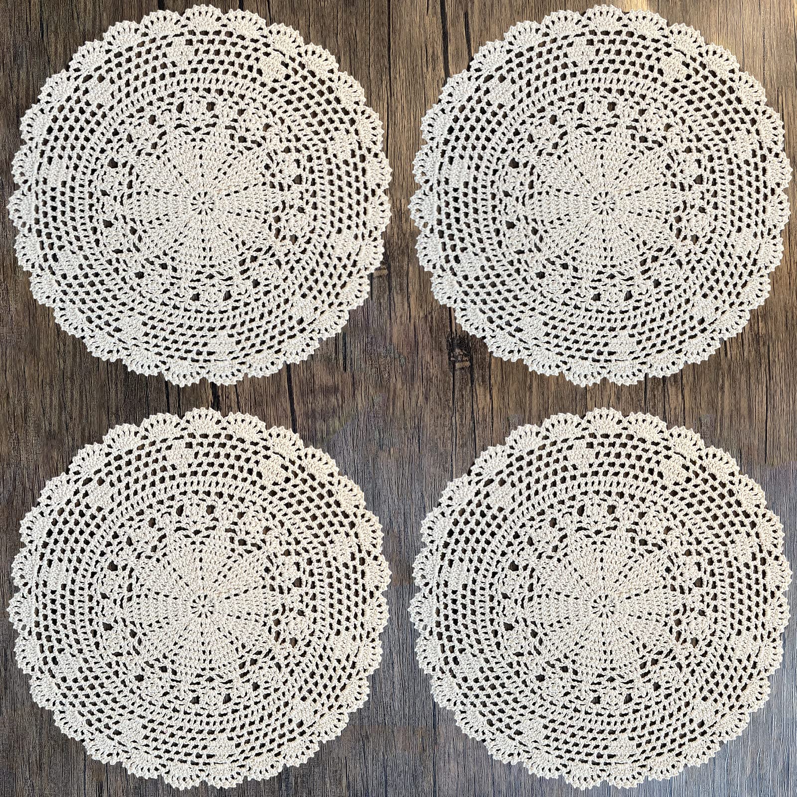Phantomon Crochet Doilies Handmade Round Cotton Lace Table Placemats Knitted Tablecloth, Star Pattern Rippled Edge, Pack Of 4 (1