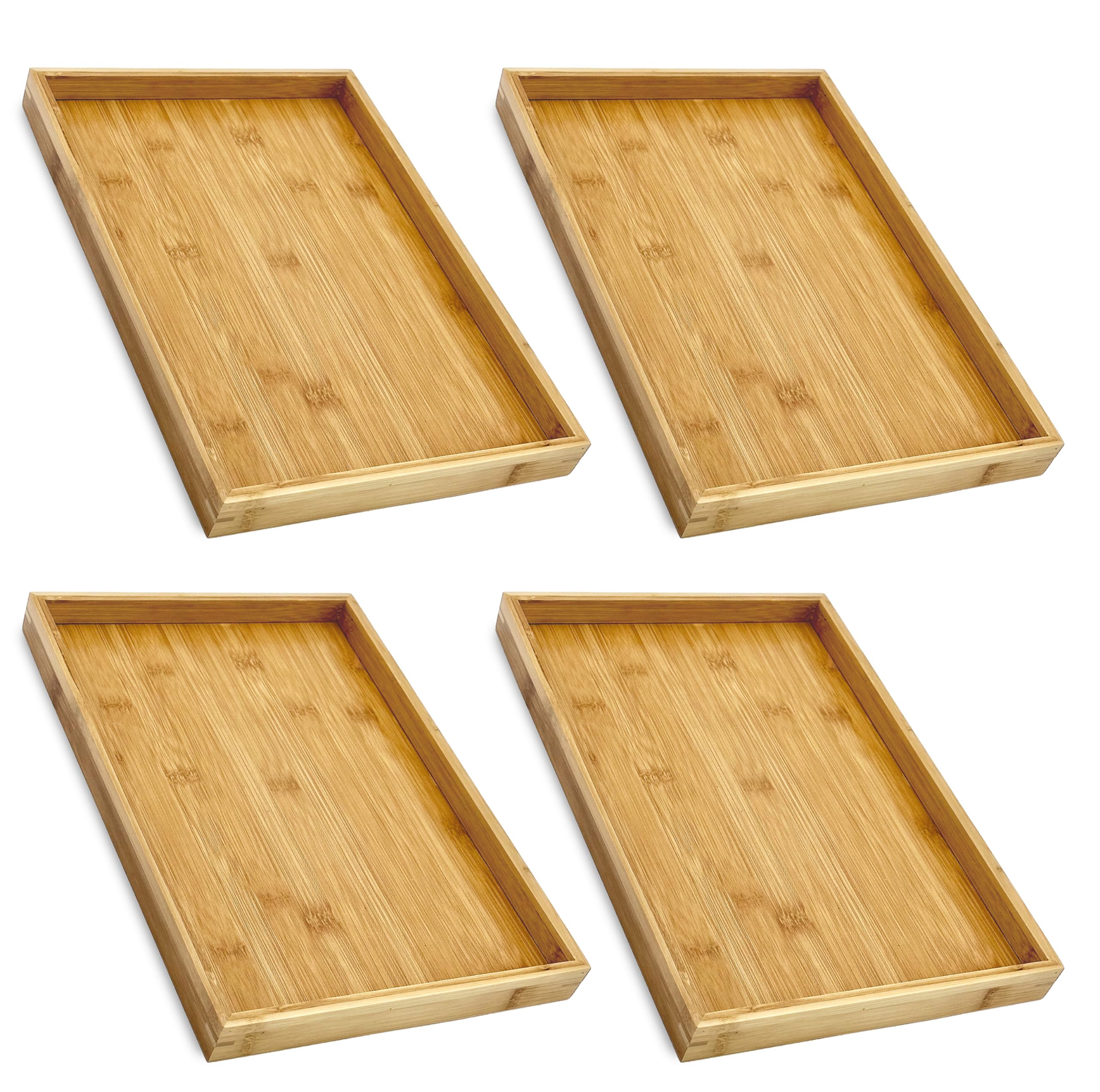 Bam & Boo (4-Pack) Natural Bamboo Rectangle Serving & Vanity Tray - For Kitchen, Bathroom, Countertop, Coffee Table (13'' X 9''