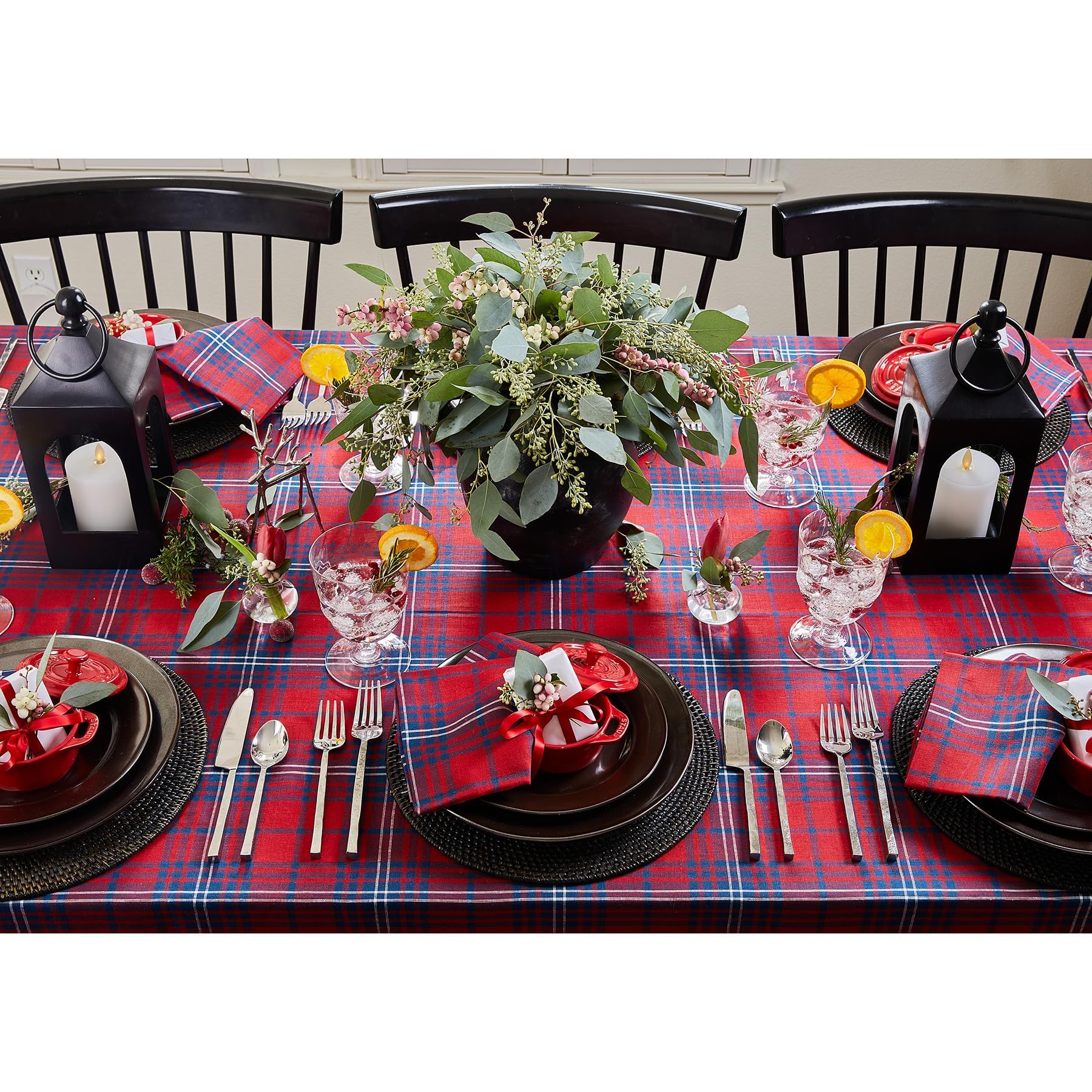 Solino Home Tablecloth 144'' L X 60'' W Inch - 100% Pure Linen Red And Navy Tartan Plaid Tablecloth - Handcrafted And Machine Wa