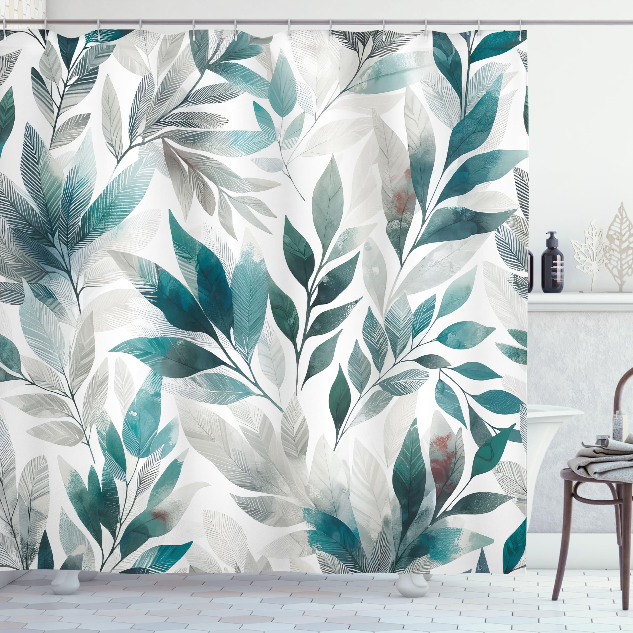 Ambesonne Teal Shower Curtain, Urban Jungle Theme Phantom Of Leaves Greenery On Plain Back Dreamy Exotics, Cloth Fabric Bathroom