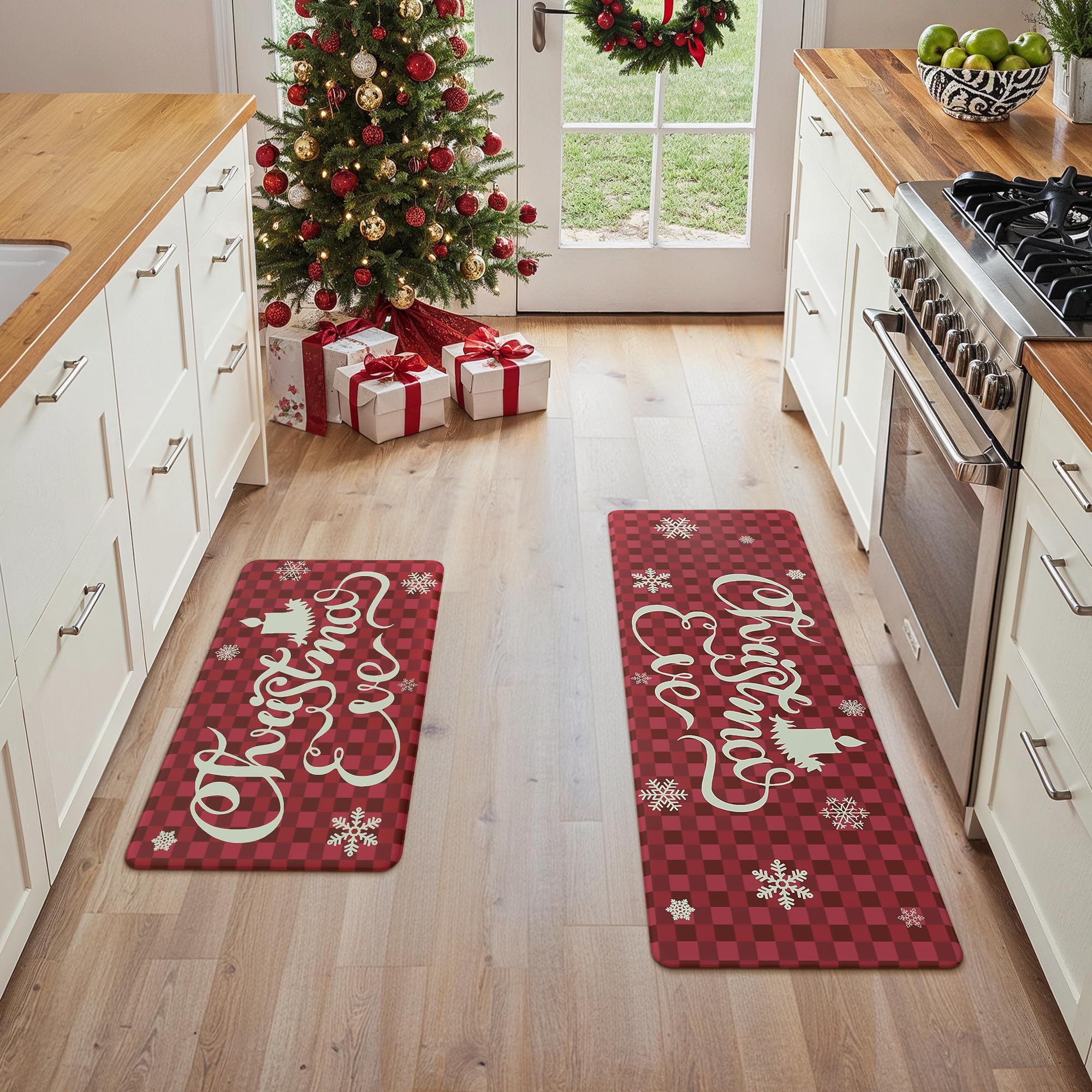 GENIMO Christmas Decorations - Kitchen Mats for Floor, 2PCS Christmas Kitchen Rugs, Cushioned Anti Fatigue Mat for Home Decor, W