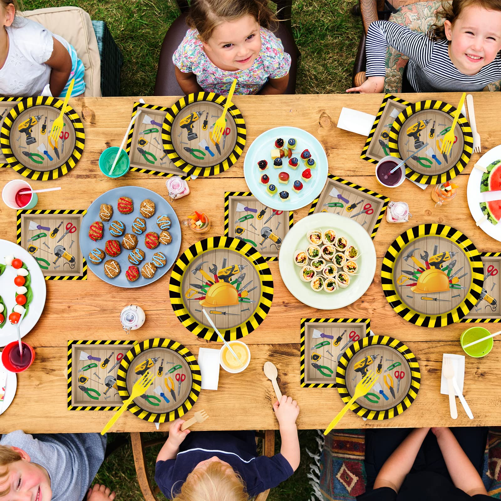 chiazllta 96 Pcs Handyman Tools Party Paper Plate and Napkins Construction Birthday Party Decorations Little Builder Handy Party Paper Plates Napkins Forks for Party Favors 24 Guests