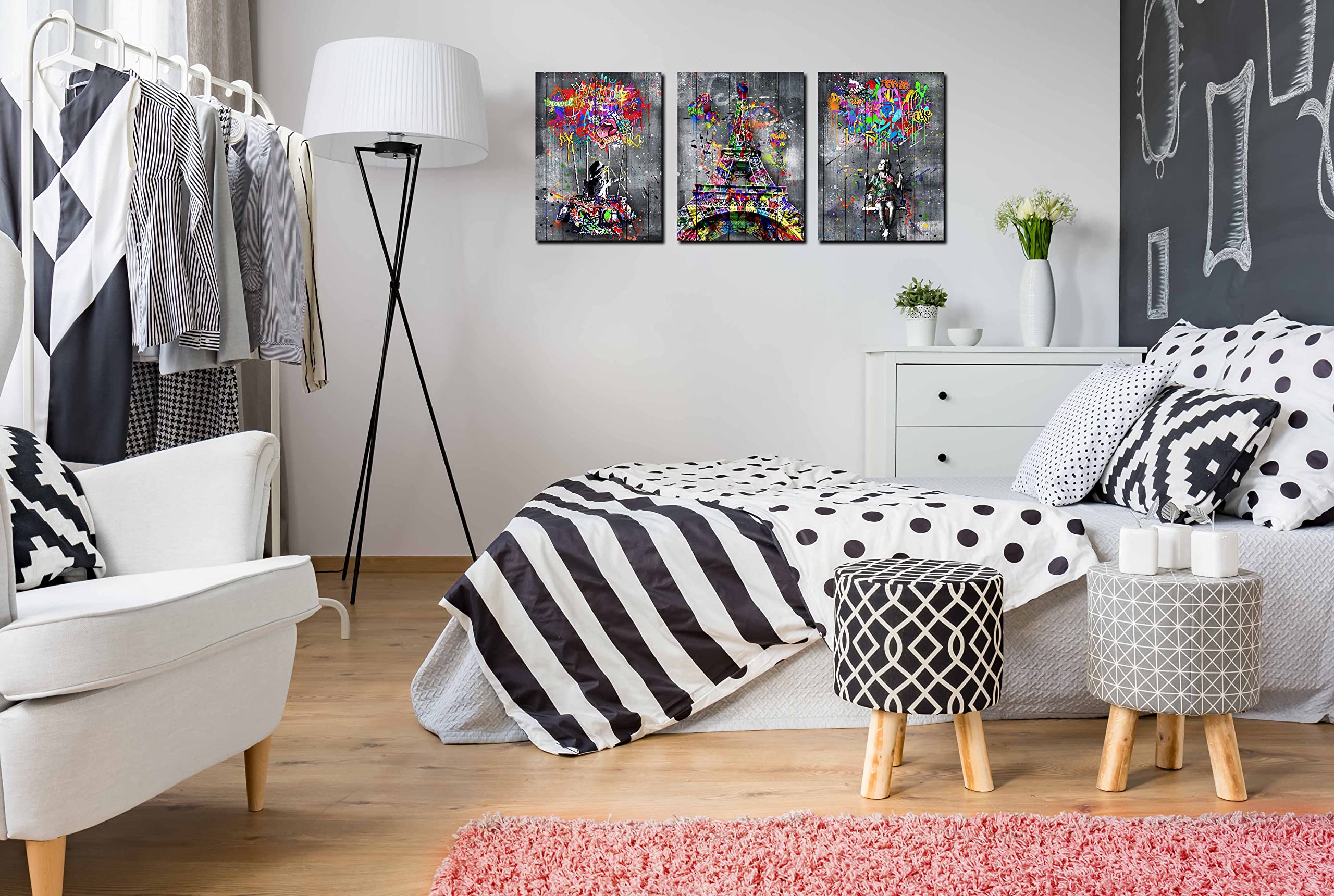 Sixttart Banksy Canvas Wall-Art 3 Piece Graffiti Art Wall Decor Paris Eiffel Tower Wall Decor For Bedroom Ready To Hang Size 16'