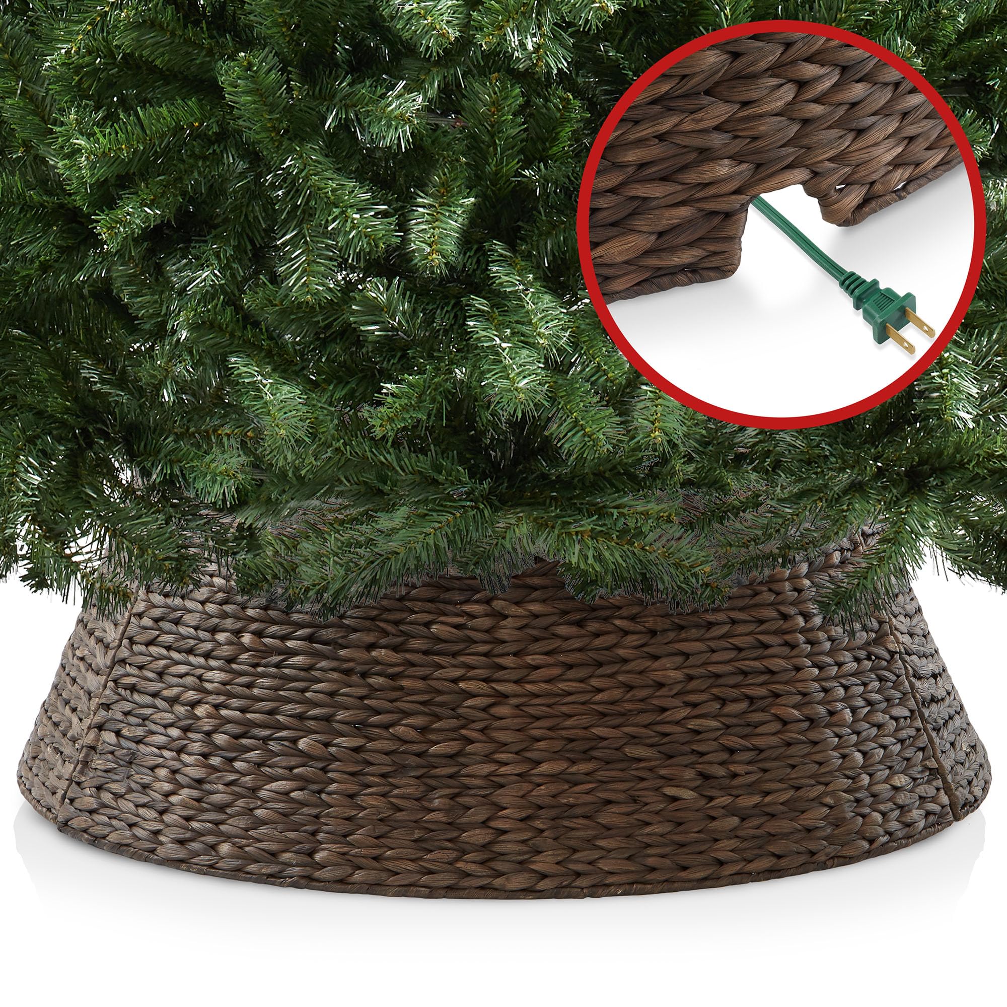 Casafield 42-Inch Christmas Tree Collar, Woven Water Hyacinth Tree Base Cover with Cord Cut Out, Espresso