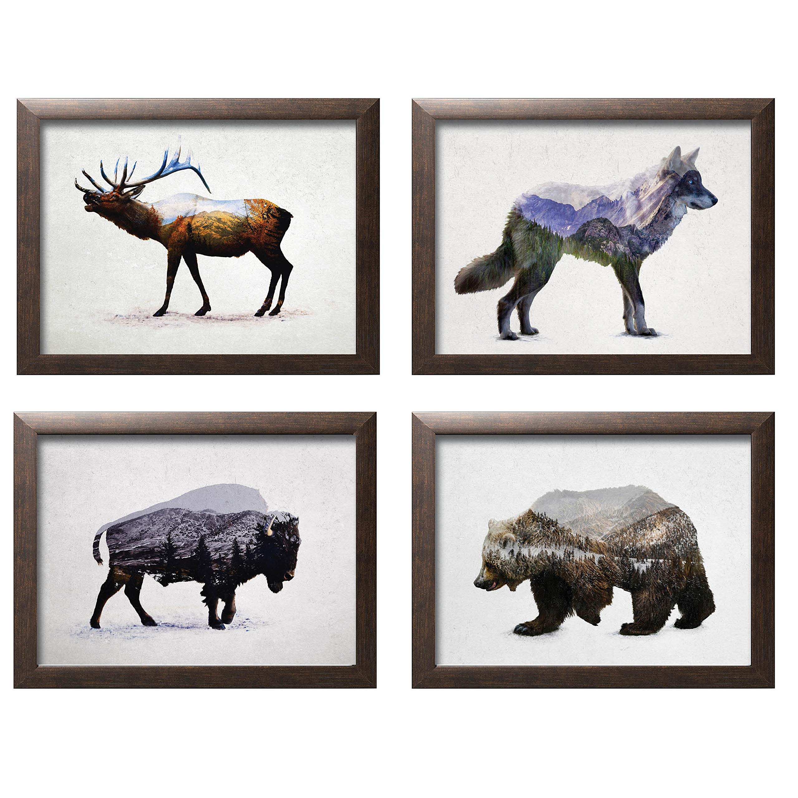 Rustic Double Exposure Elk, Bison, Wolf And Bear Landscape Set; Cabin Lodge Decor; Four 10X8In Brown Framed Prints; Ready To Han