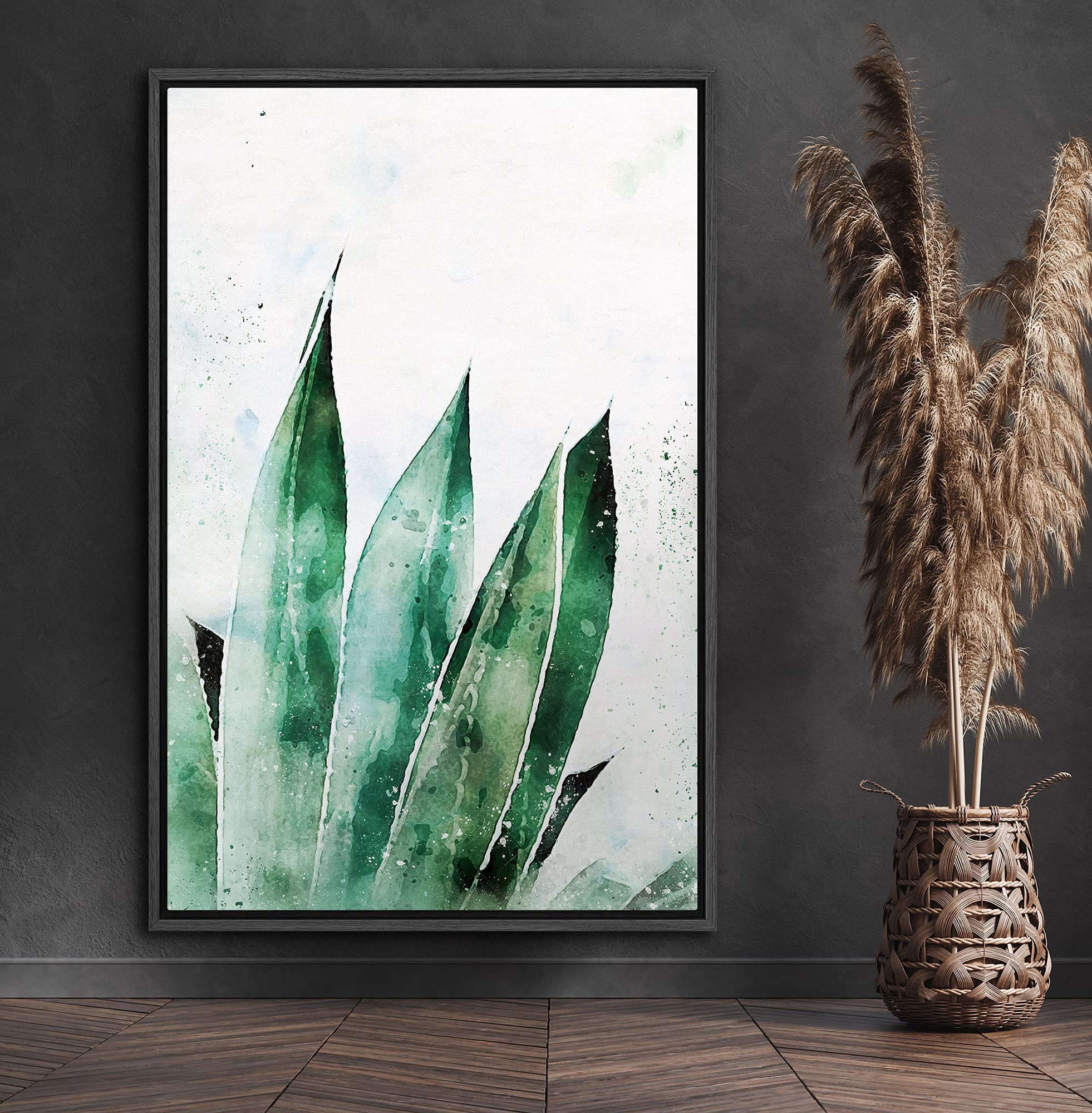 Signford Framed Canvas Wall Art Green Agave Desmettiana Variegata Botanical Succulent Watercolor Impressionism Modern Closeup Re