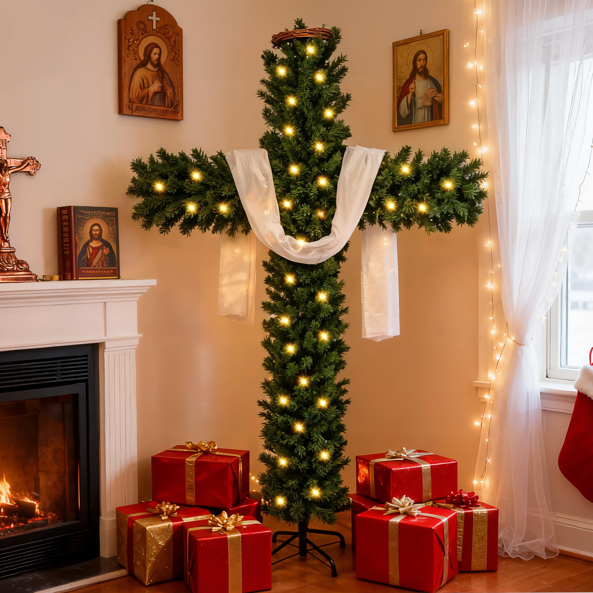 6ft Skinny Cross Christmas Tree with 33ft Plug-in String Lights(100 Bulbs) & White Silk Scarf & Crown of Thorns, Jesus Christ Ca