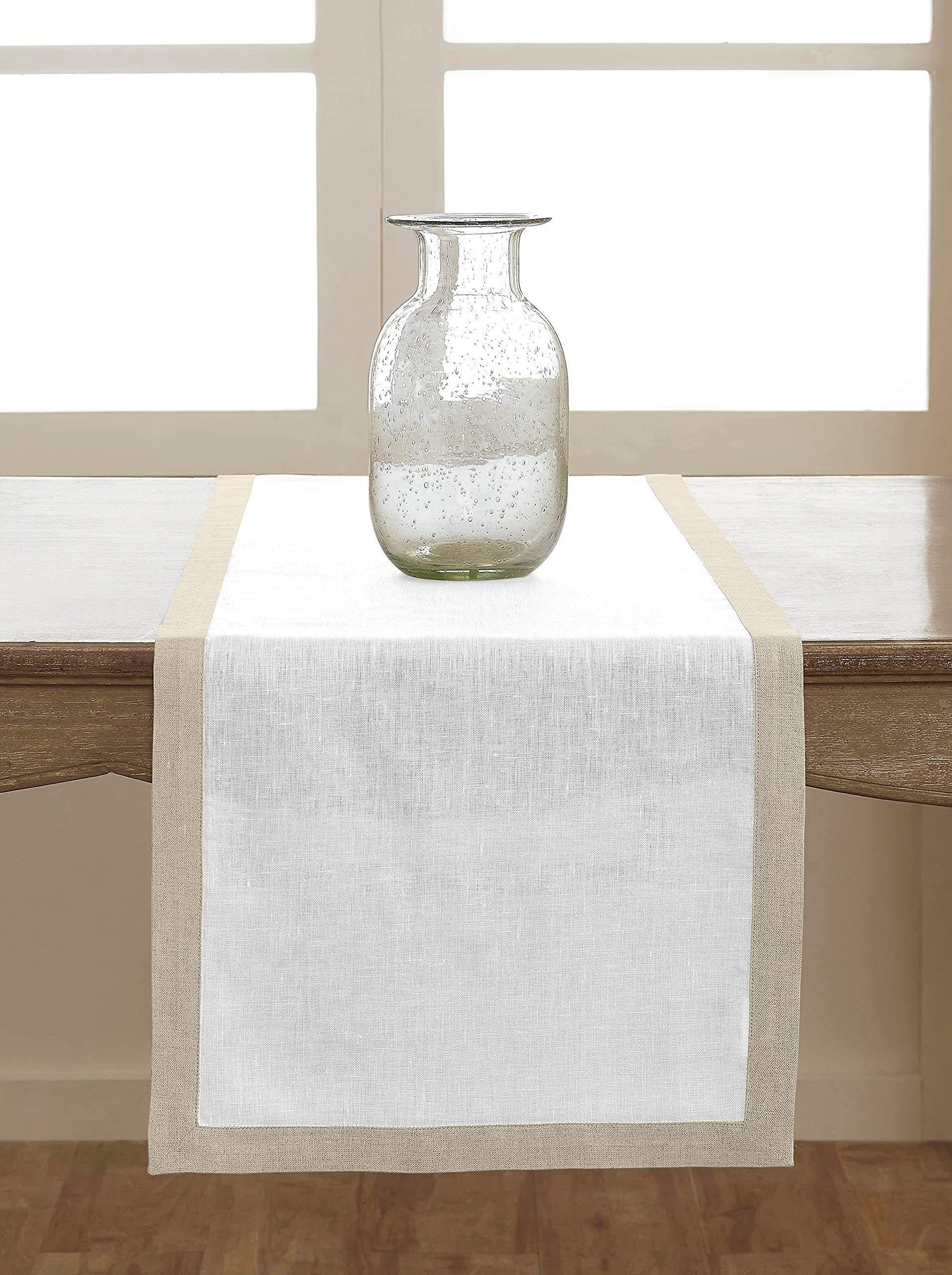 Solino Home Linen Table Runner 14 X 60 Inch - 100% Pure Linen Natural And White Table Runner For Spring, Summer, Mother