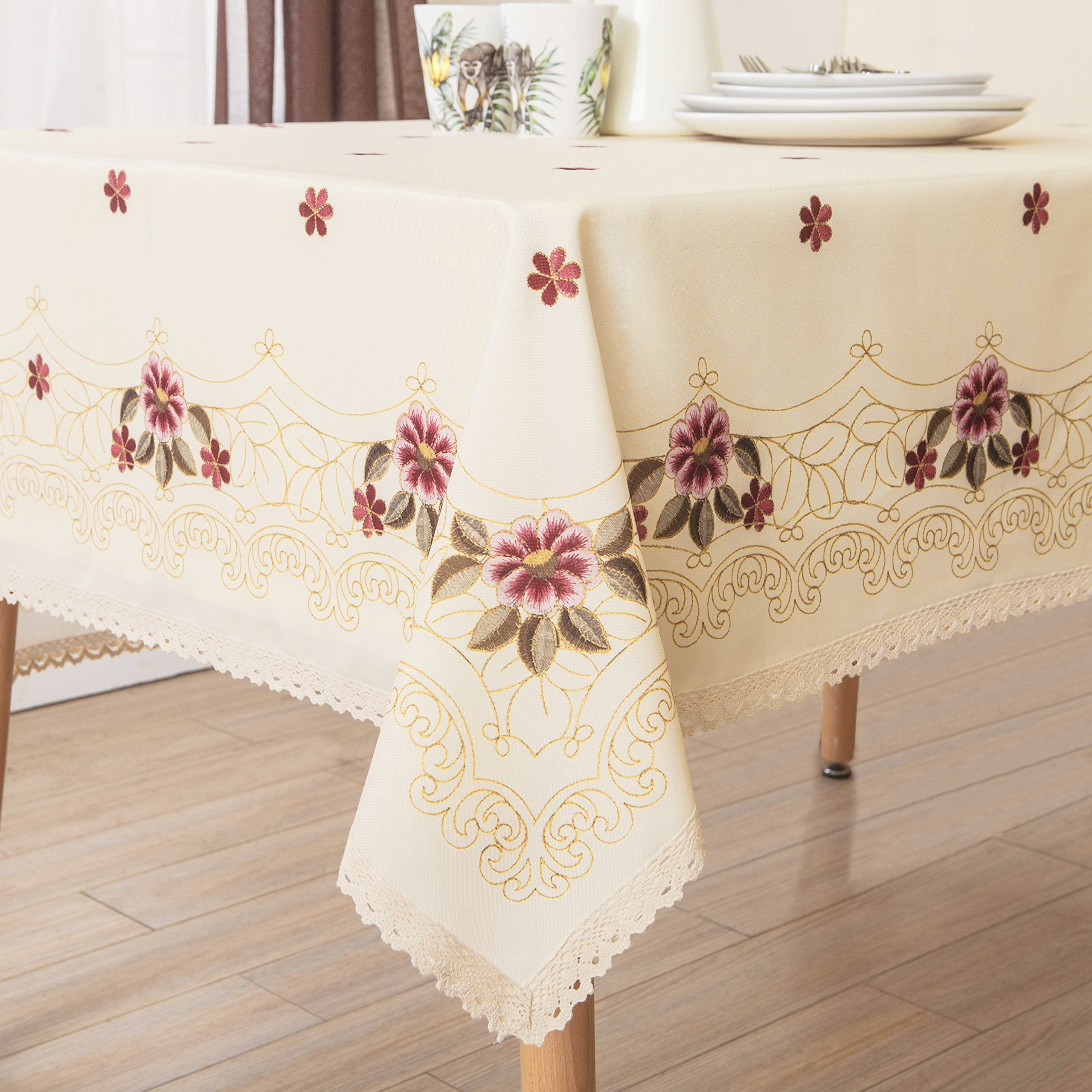 Wewoch Decorative Red Floral Print Lace Water Resistant Tablecloth Wrinkle Free and Stain Resistant Fabric Tablecloths for Dinin