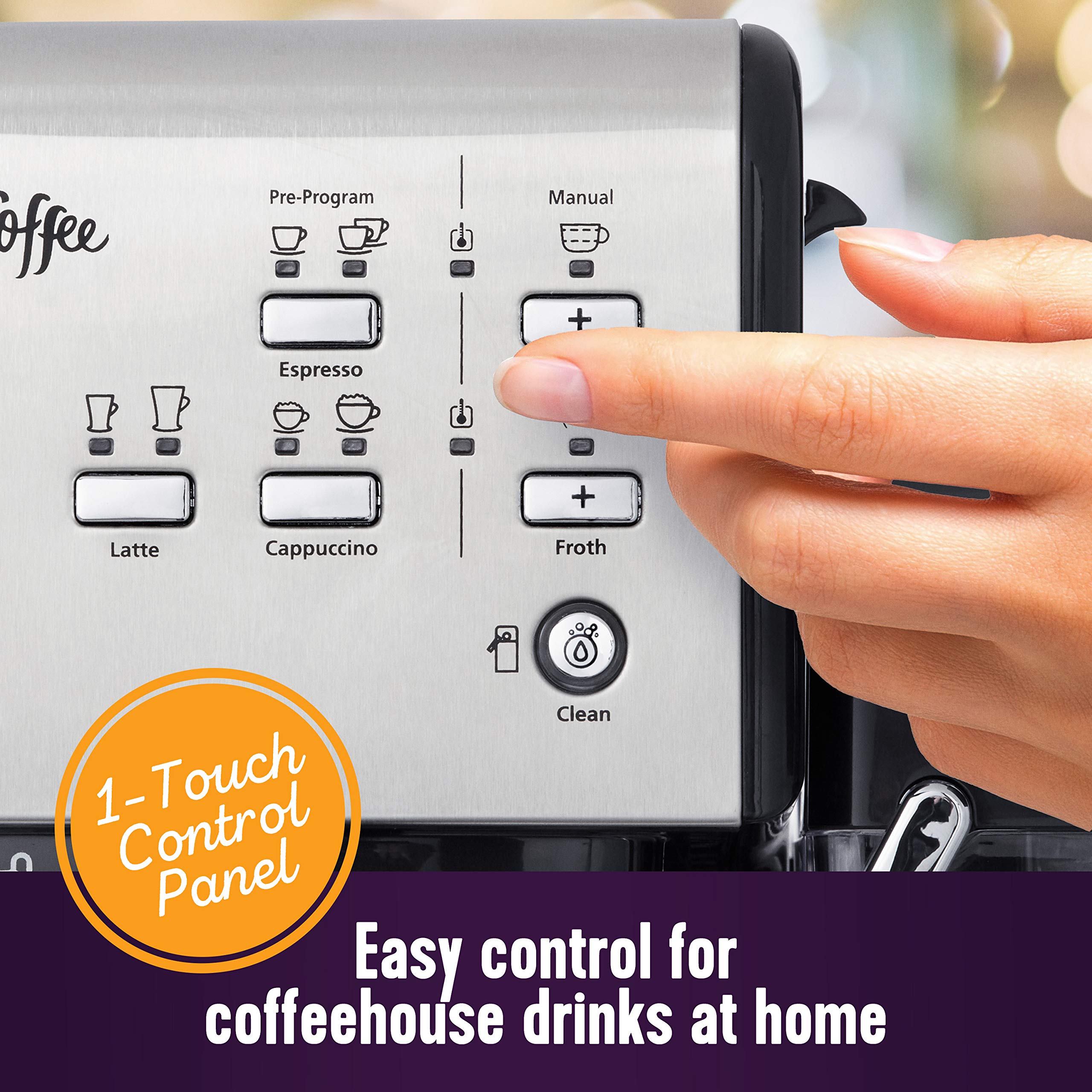 Mr. Coffee Programmable Espresso & Cappuccino Machine, 19-Bar Pump, Stainless Steel, 13 x 10.6 x 14.3 in, Model BVMC-EM6701SS