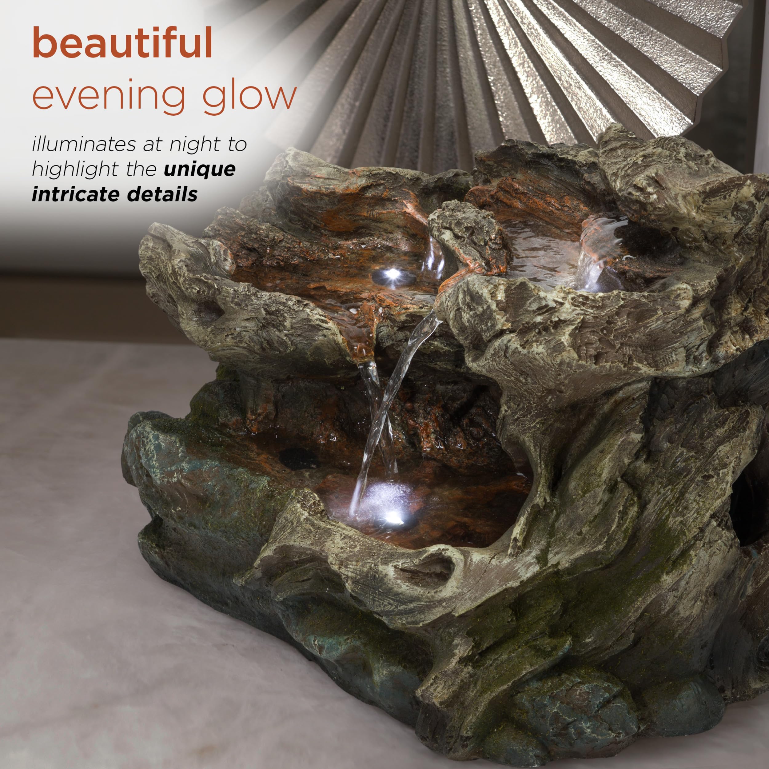 Alpine Corporation WIN1334 10 Tall Tabletop 3-Tier Waterfall Rock Fountain with LED Lights, Indoor Decorative Water Feature for