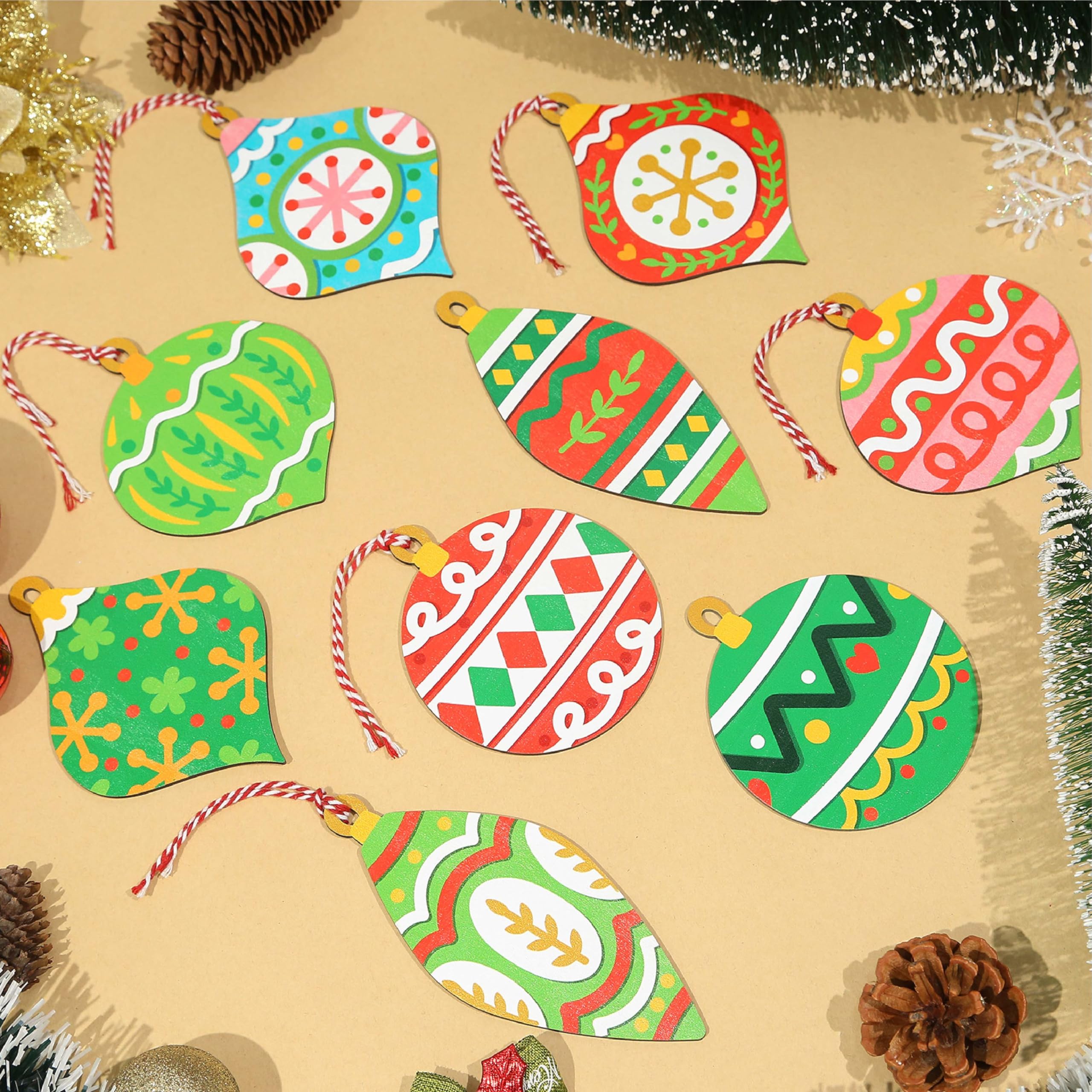 24 PCS Wooden Christmas Ornaments, 12 Styles Printed Christmas Tree Hanging Ornaments with Strings, Holiday Party Favors, Gift T