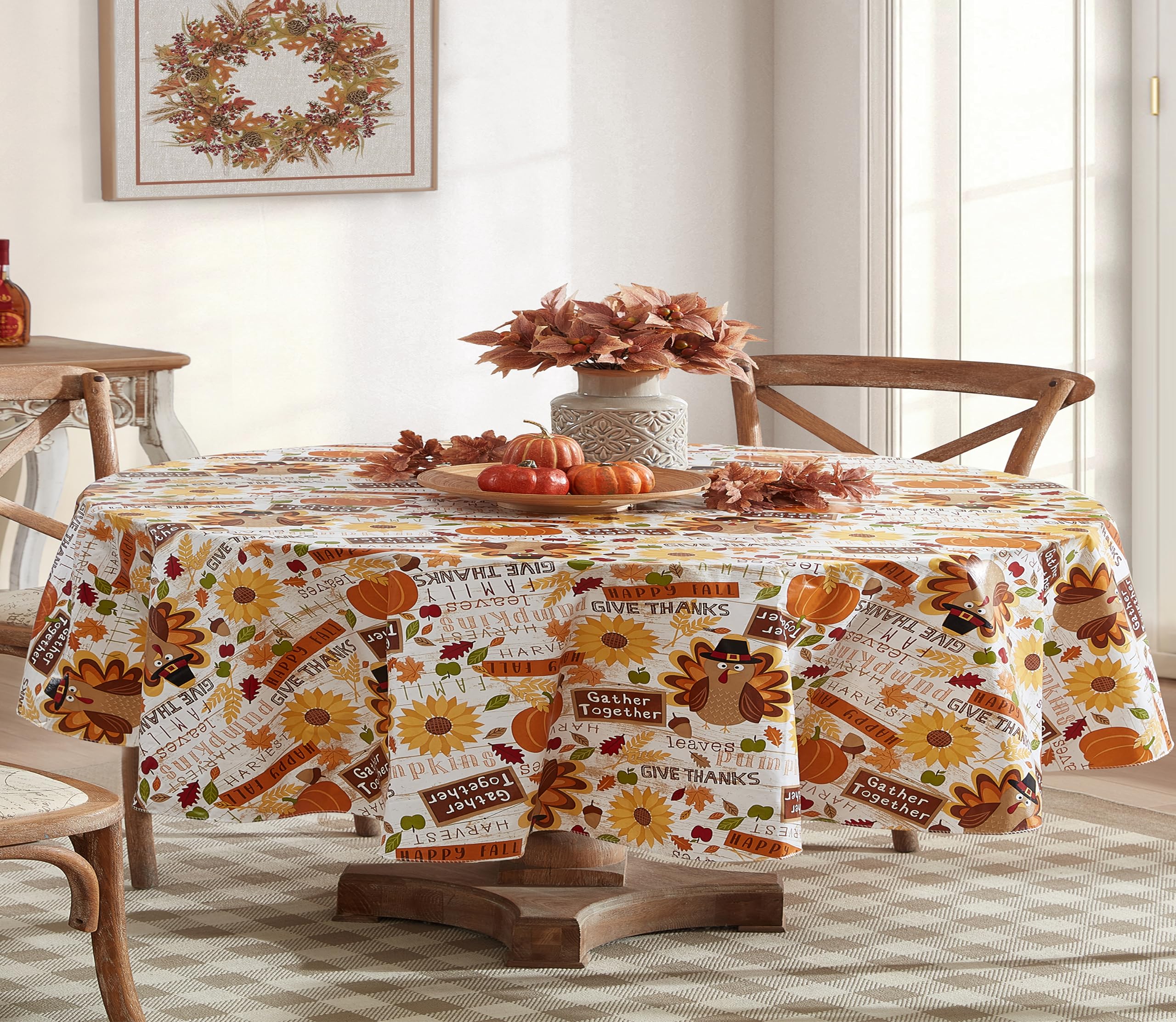 Newbridge Happy Thanksgiving Turkey Vinyl Tablecloth with Flannel Backing, 60 x 84 Inch Oval - Whimsical Fall Harvest Kitchen & 