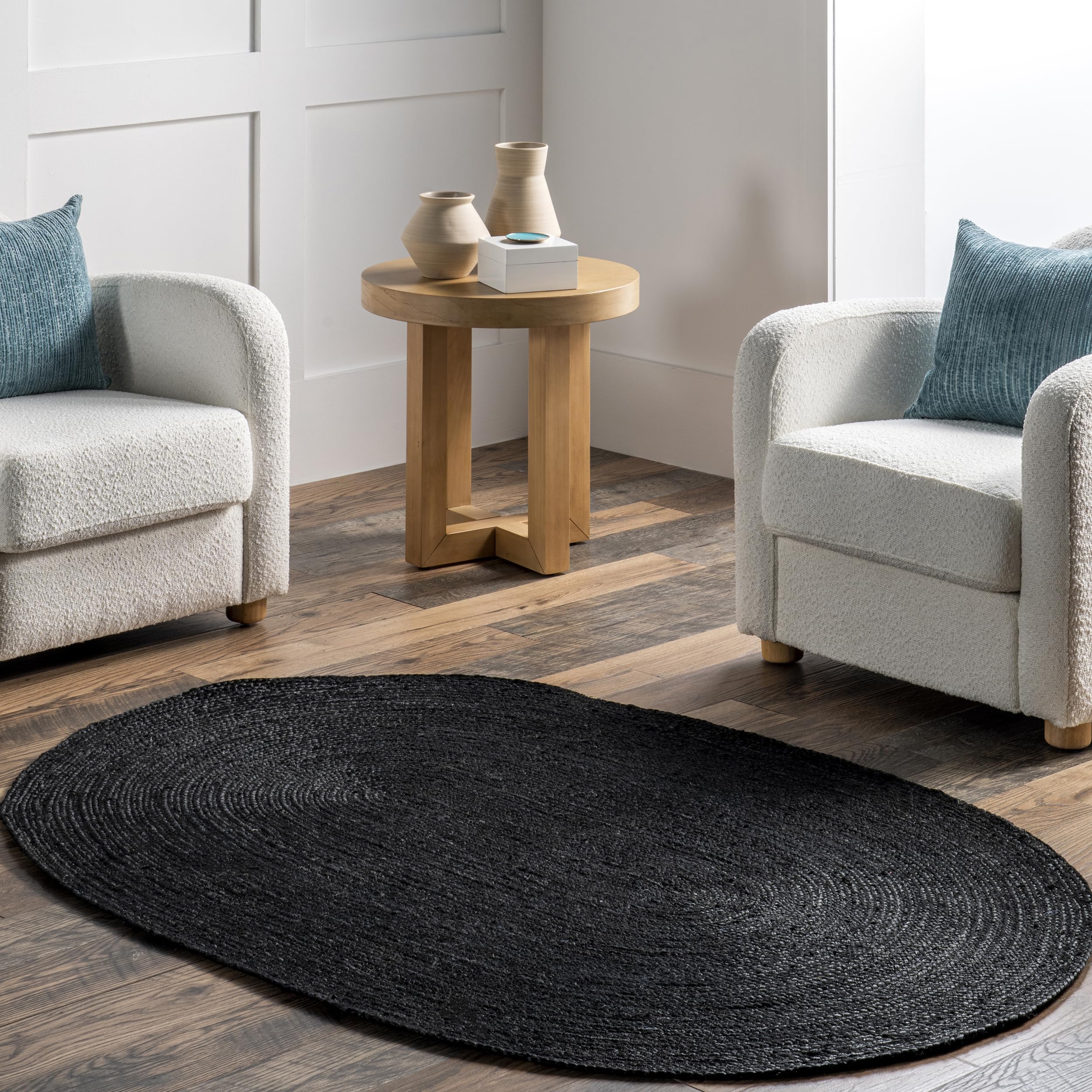 nuLOOM Oval 4x6 Rigo Jute Hand Woven Area Rug, Black, Solid Farmhouse Design, Natural Fiber, For Bedroom, Living Room, Dining Ro