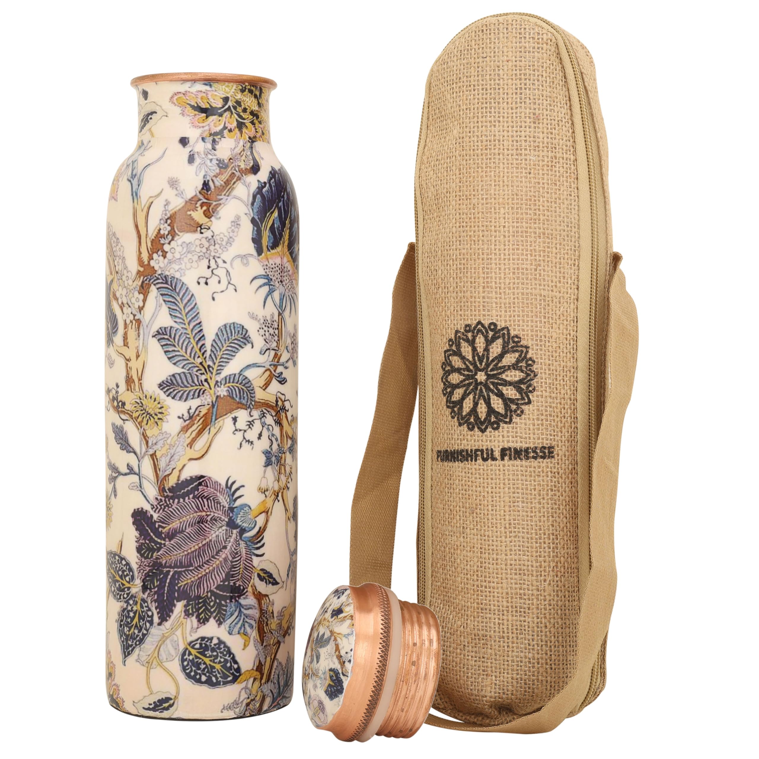 Furnishful Finesse White Printed Pure Copper Bottle With Carrying Bag For Drinking Water Bpa Free Leak Proof Boosts Immunity, Li
