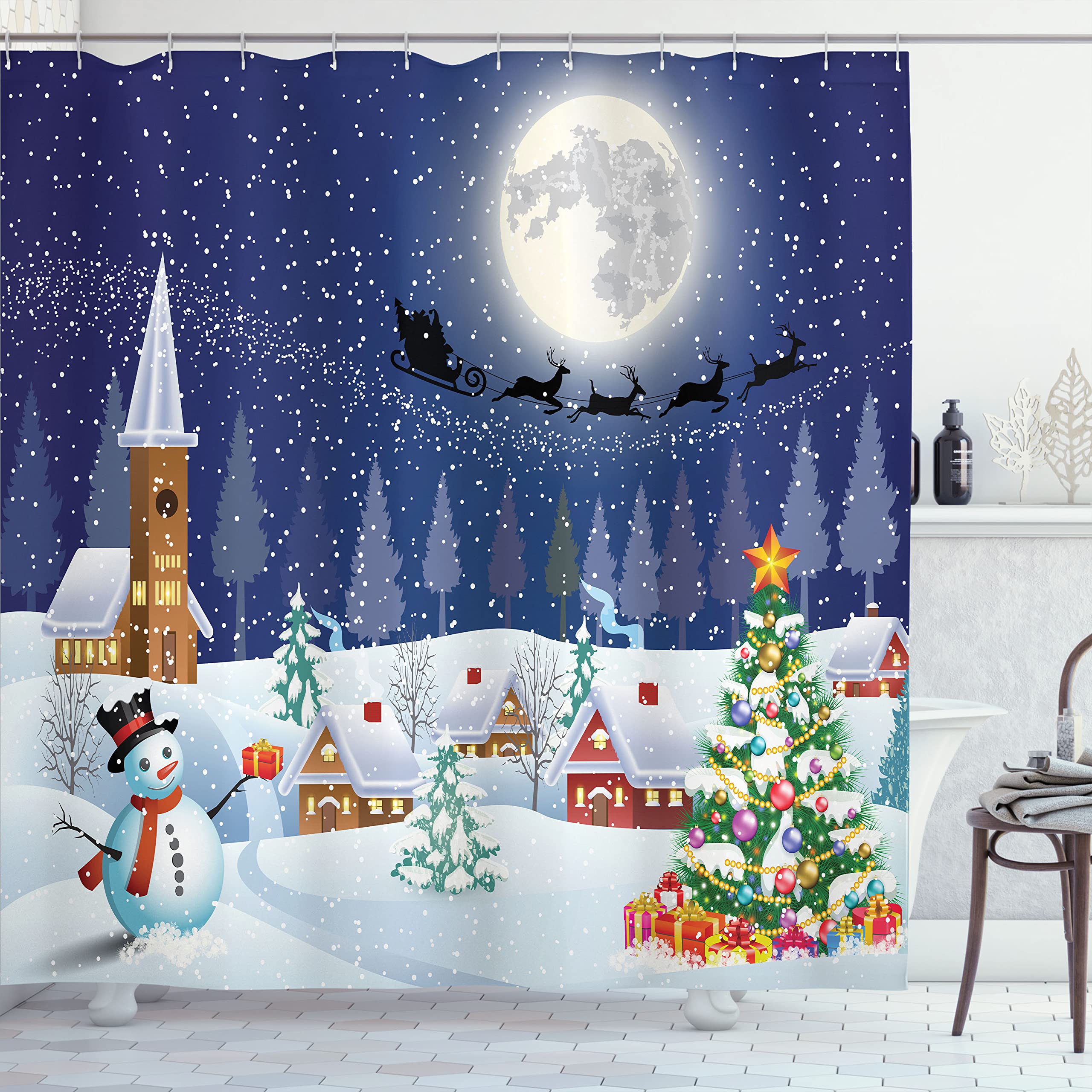 Ambesonne Christmas Shower Curtain, Winter Season Snowman Xmas Tree Santa Sleigh Moon Present Boxes Snow And Stars, Cloth Fabric