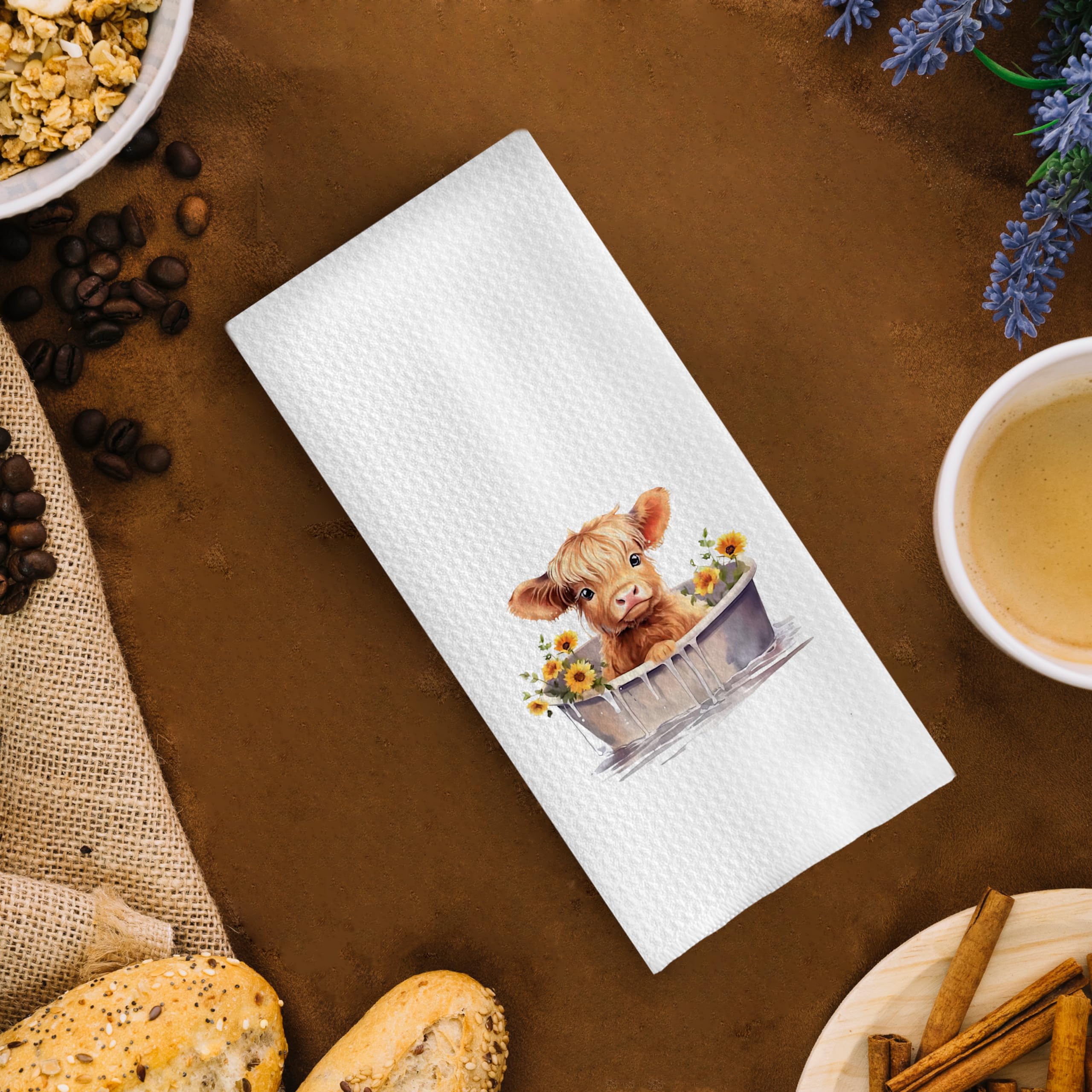 GCFET Highland Cow Dish Towels - Decorative Waffle Kitchen Towels, Sunflower Hand Tea Towels, Gifts (16 X 24 Inch)