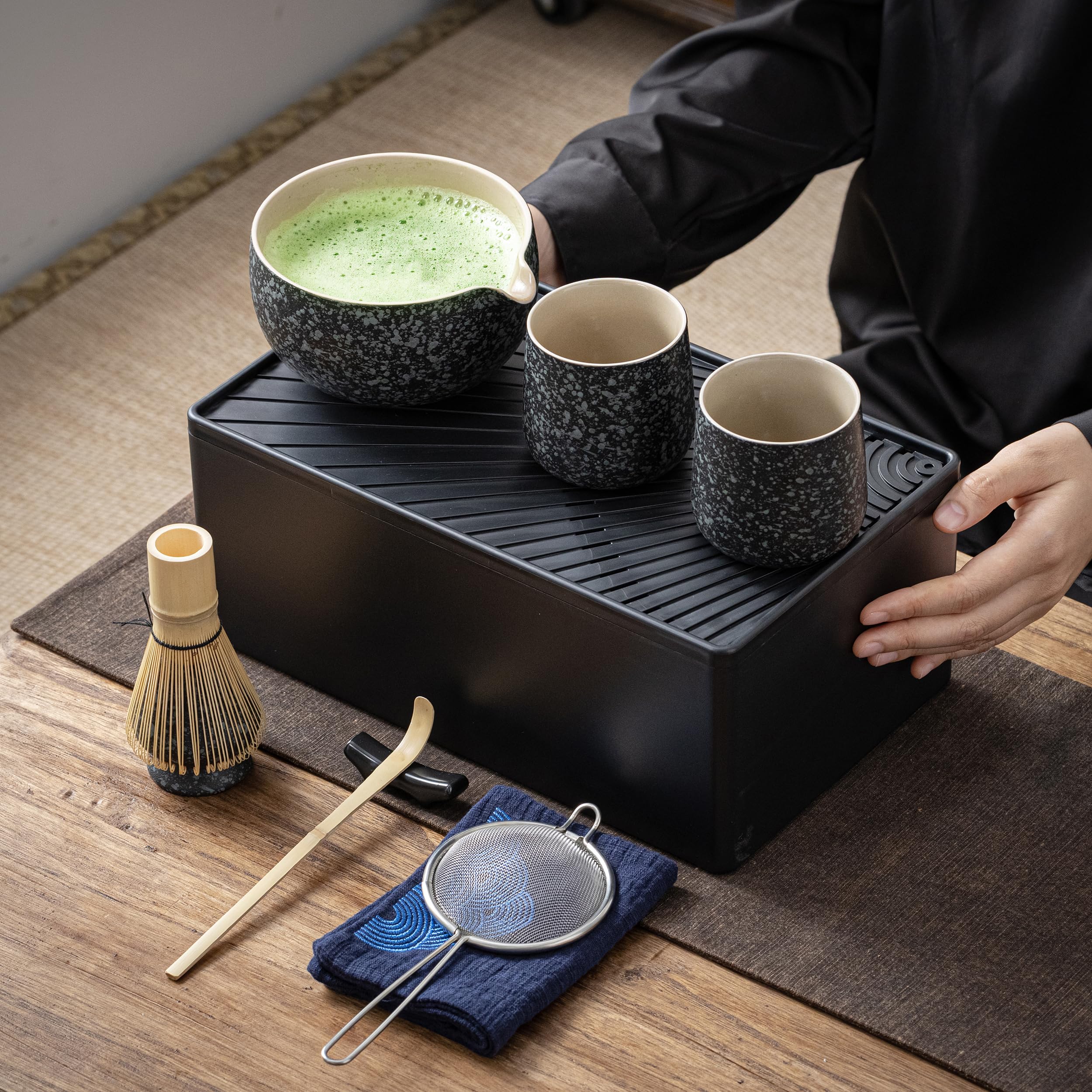 Teanagoo Matcha Kit + 2 Cups With Storage Box, 12 Pcs Travel Matcha Tea Set, Ceramic Matcha Bowl (18Oz), Matcha Cup(7.2Oz), Bamb