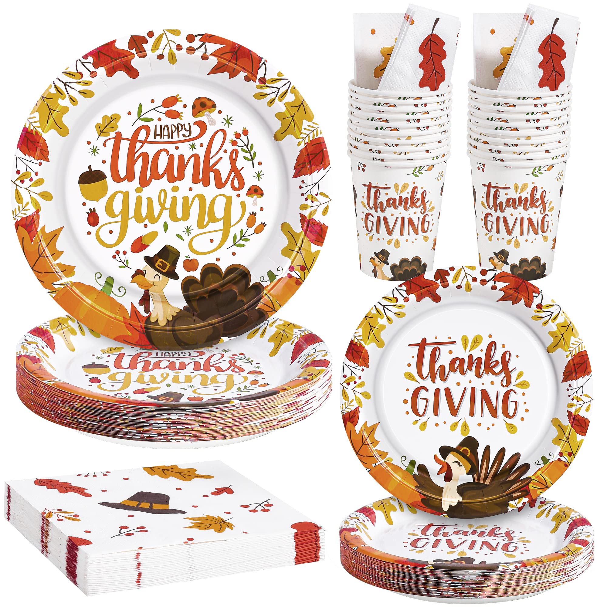 QZYL 120 PCS Thanksgiving Paper Plates, Disposable Thanksgiving Plates and Cups Set, Heavy Duty Harvest Table Decorations, Fall 