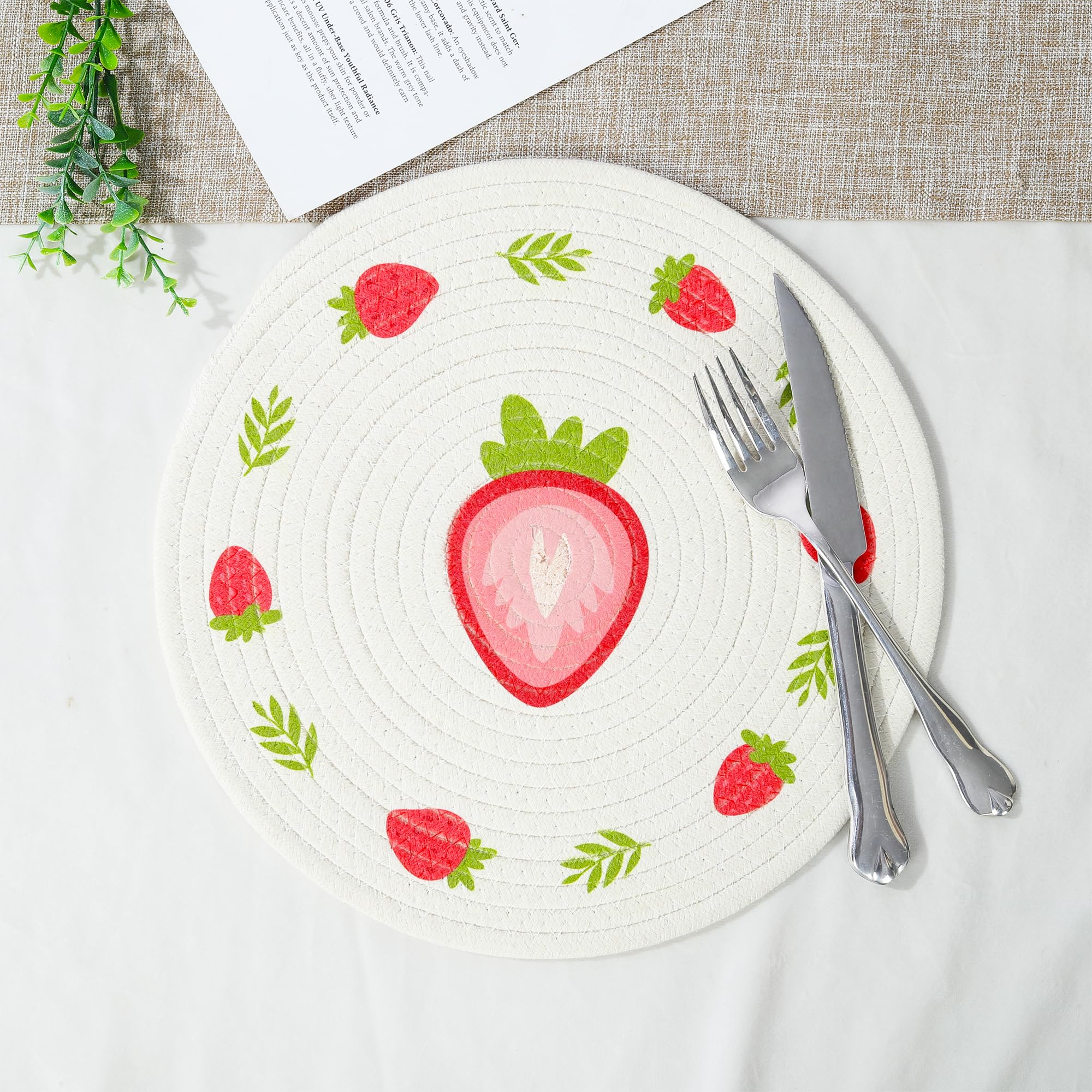 Fanquare Strawberry Avocado Orange Round Placemats Set Of 4 Fruit & Floral Pattern Rope Braided Place Mats 12 Inch Cute Fruit Ta