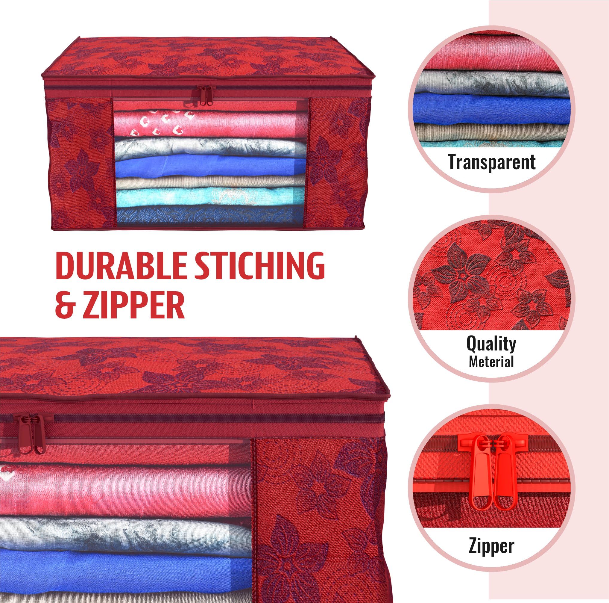 Kuber Industries Metalic Flower 6 Piece Non Woven Saree Cover Set, Large, Red