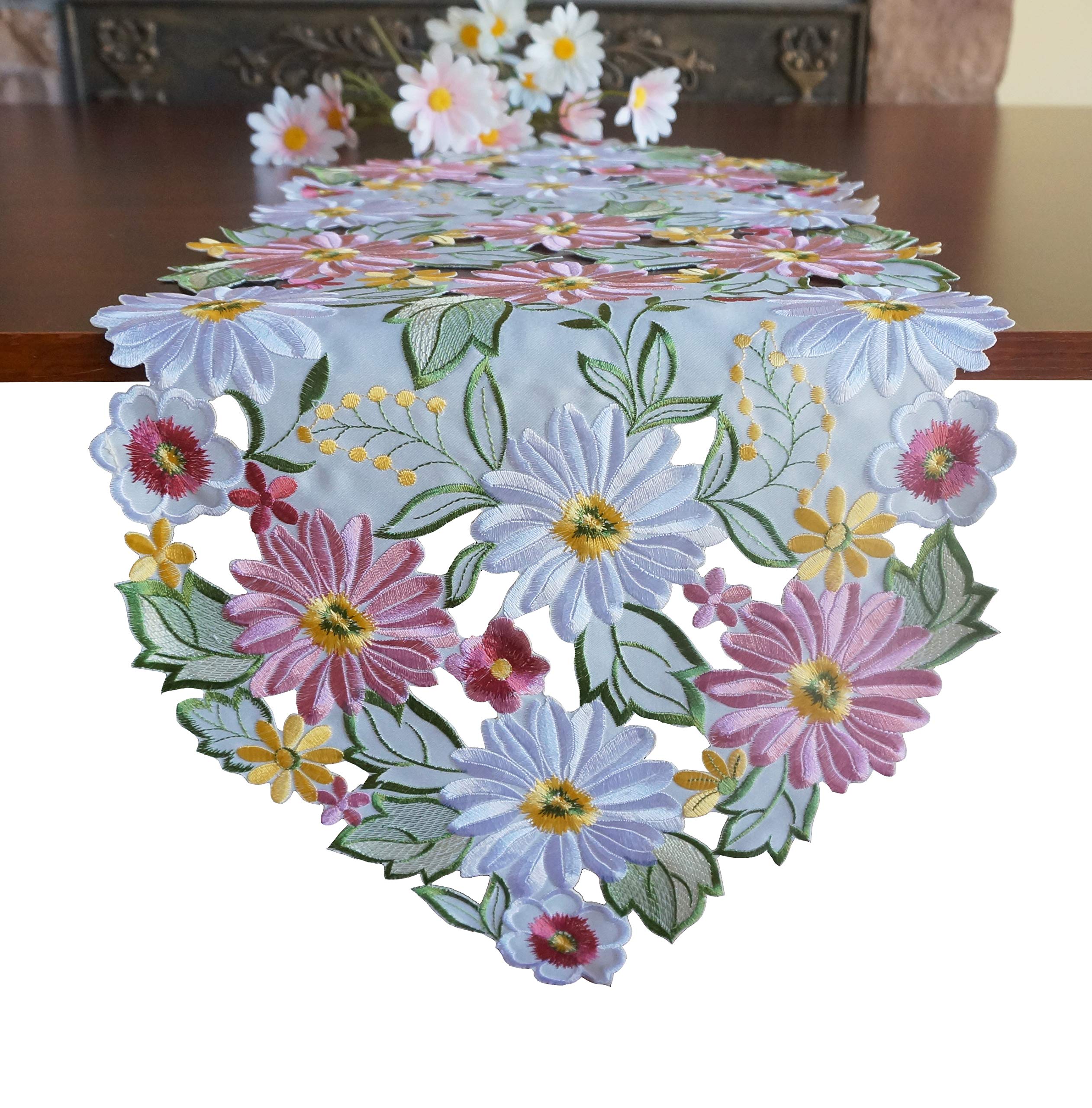 Spring Table Runner 13''  34'' Embroidered Flowery Applique Floral Daisy Cutwork Table Linen Home Kitchen Dining Tabletop Decora