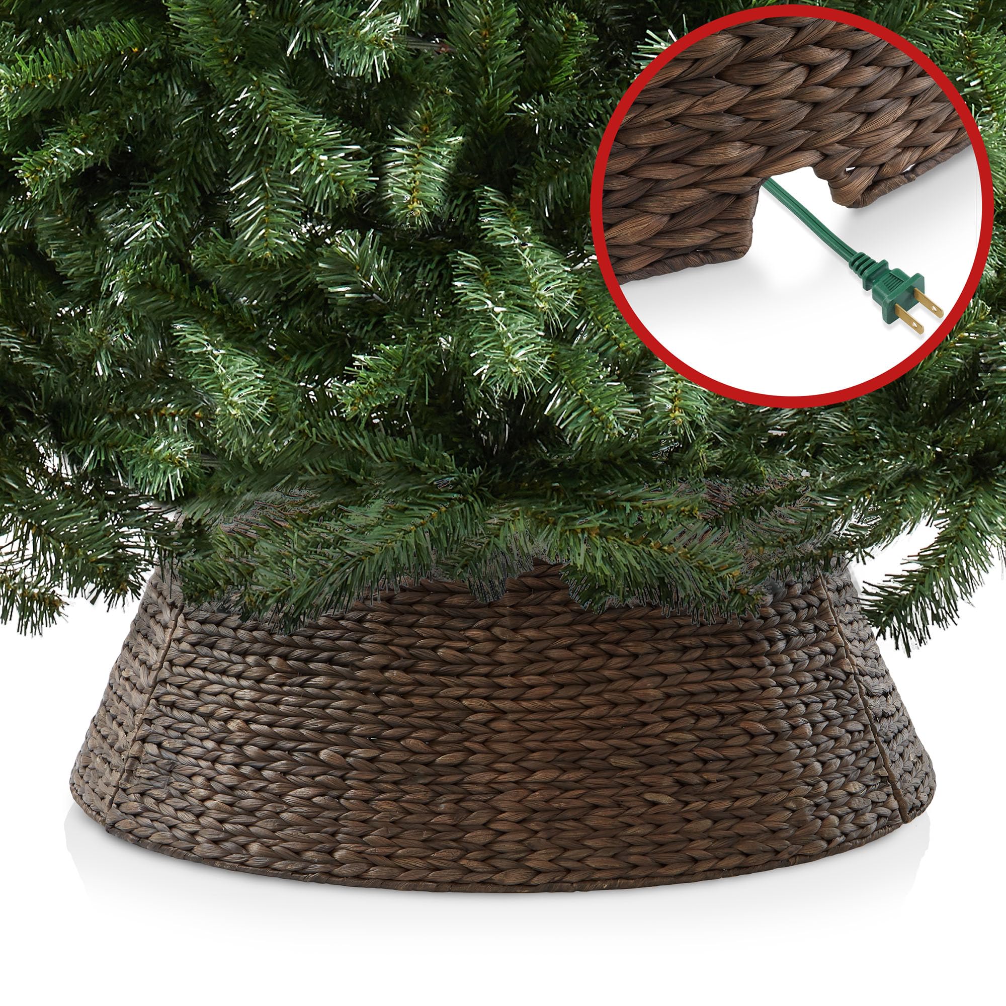 Casafield 32-Inch Christmas Tree Collar, Woven Water Hyacinth Tree Base Cover with Cord Cut Out, Espresso