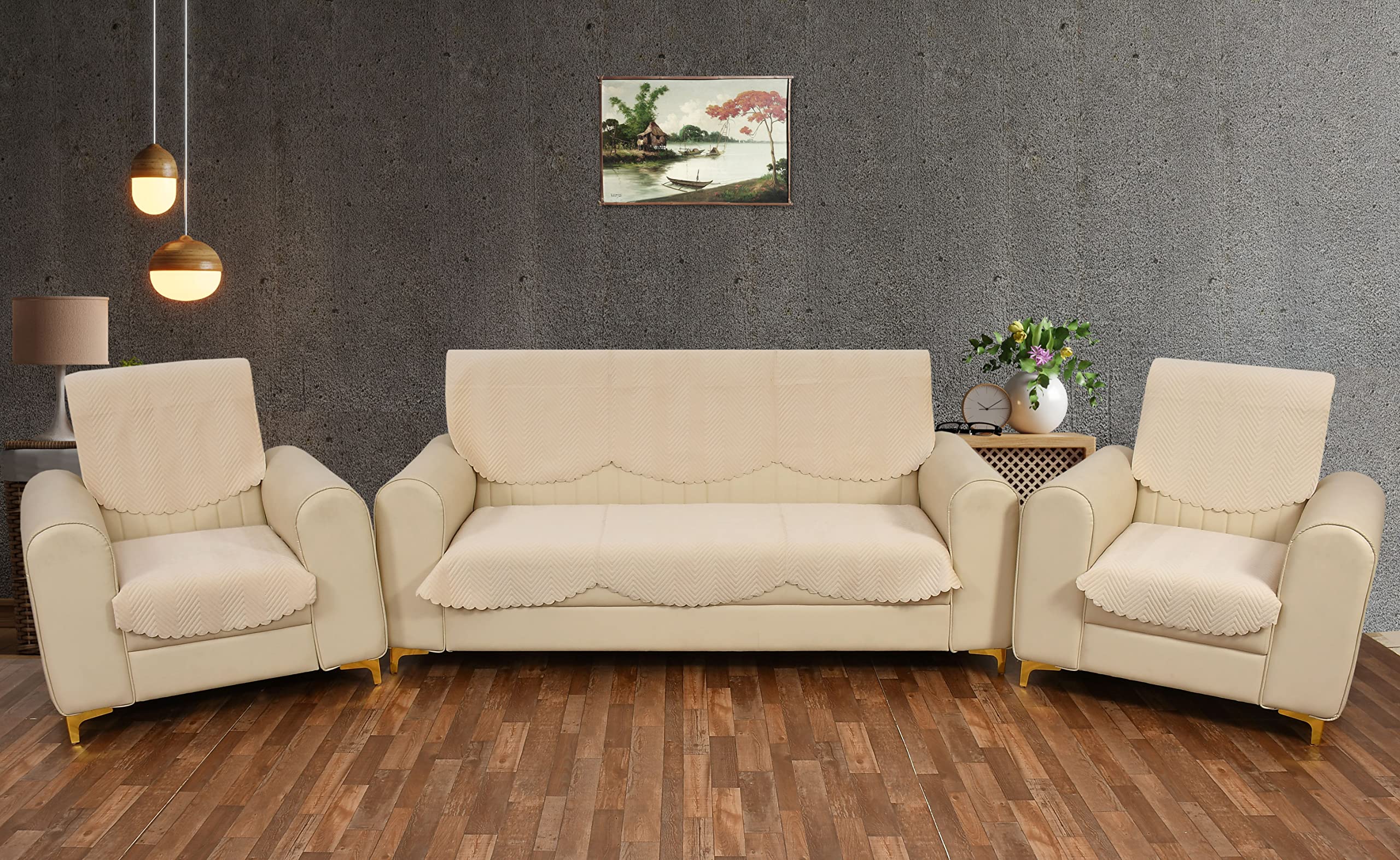 Yellow Weaves Velvet 5 Seater Quilted Sofa Cover And Chair Cover, Seat & Back Cover, Color - Beige