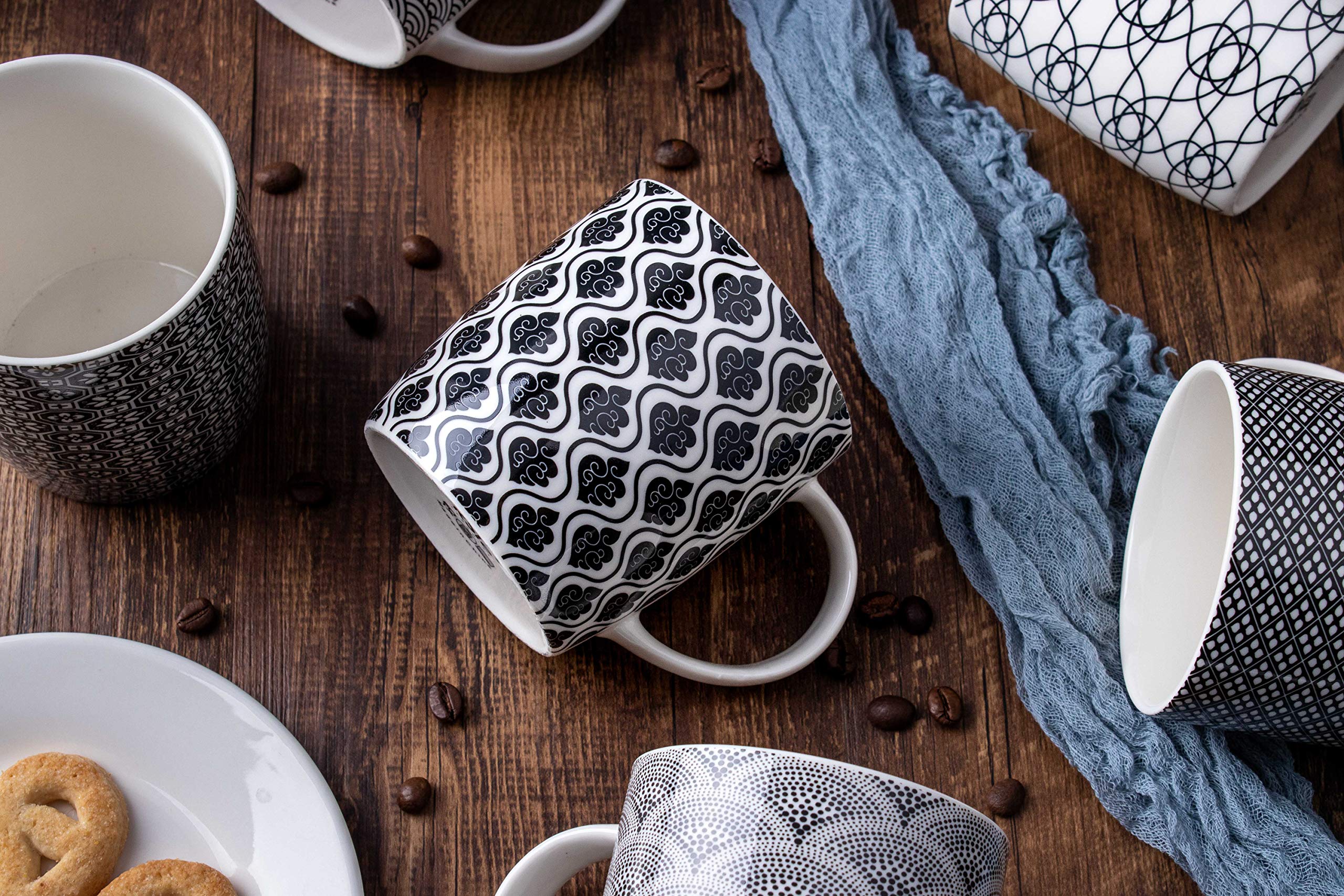 Machuma Set Of 6 11.5 Oz Coffee Mugs With Black And White Geometric Patterns, Ceramic Tea Cup Set