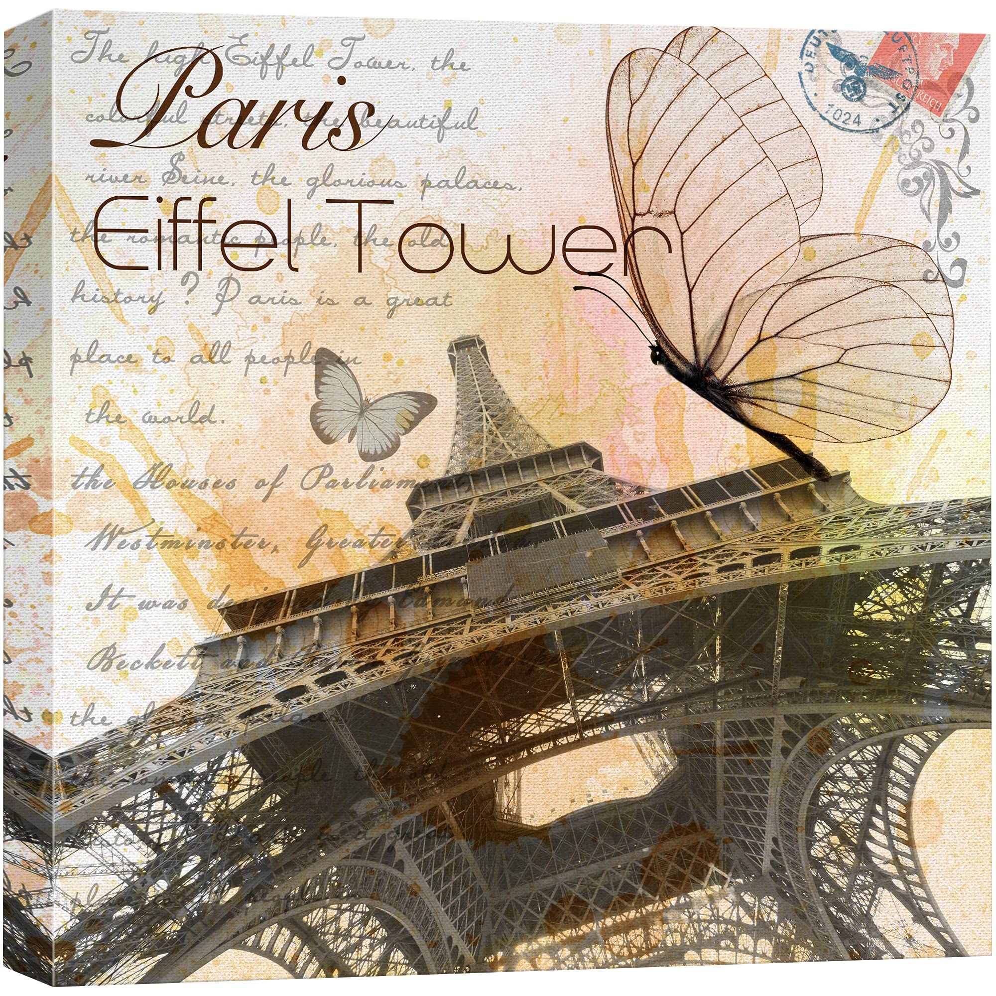 Wall26 Canvas Print Wall Art Eiffel Tower With Butterflies Architecture & Maps Cities Photography Realism Chic Scenic Relax/Calm