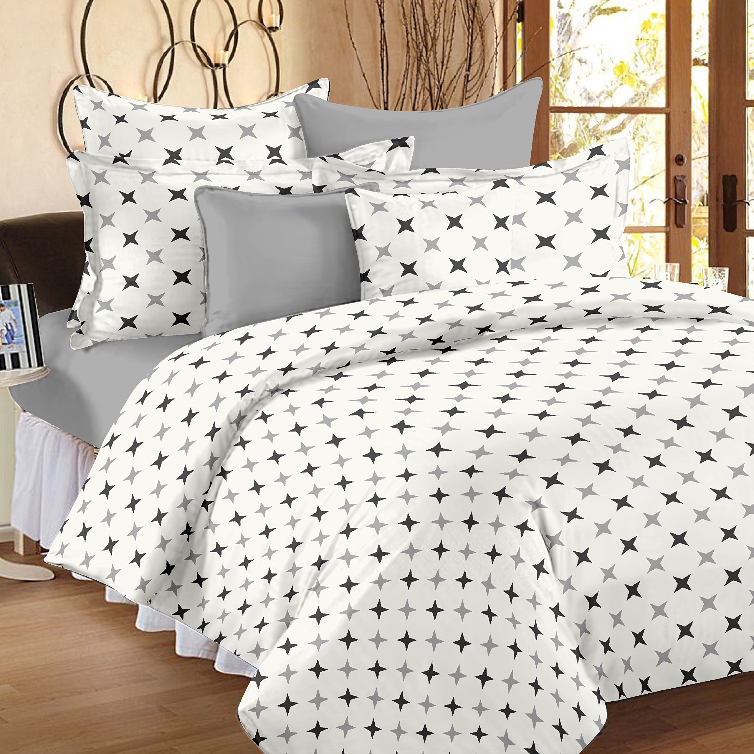 Huesland by Ahmedabad Cotton 144 TC Cotton Bedsheet for Double Bed with 2 Pillow Covers  White, Grey