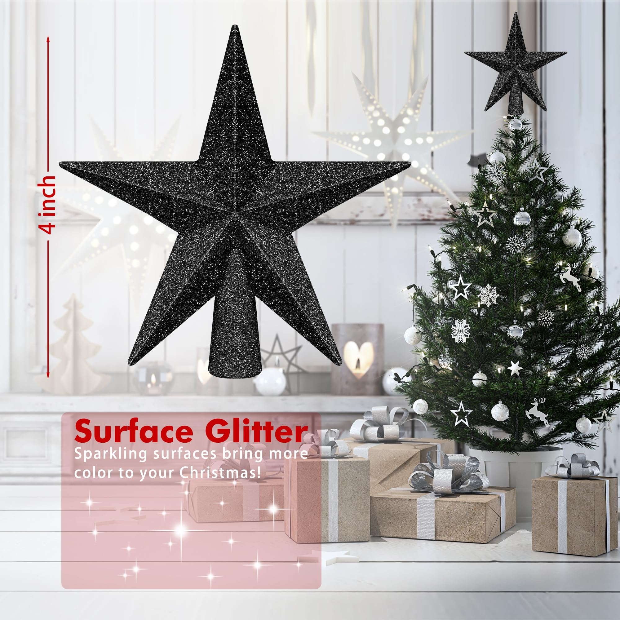 1PCS Christmas Star Tree Topper, 4 Black Christmas Tree Topper Decorations, 3D Glitter Shatterproof Mini Bethlehem Star Tree Dec