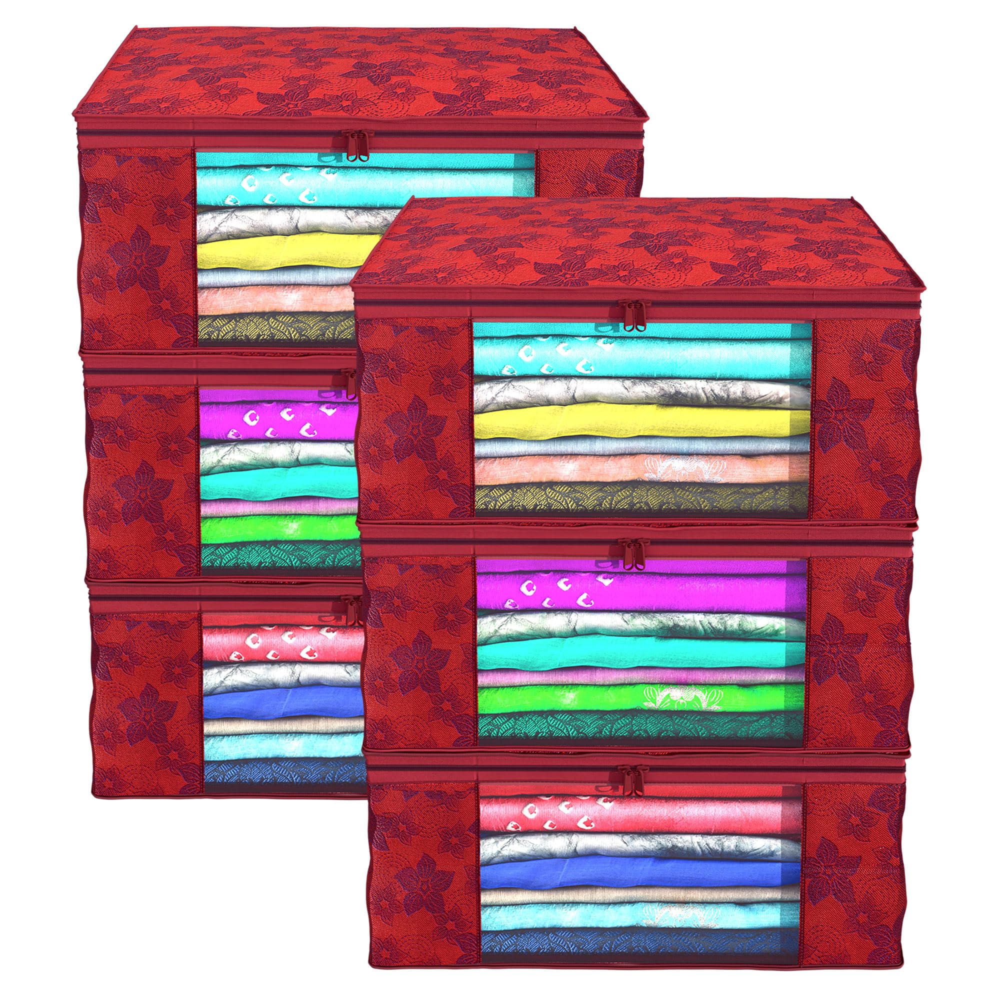 Kuber Industries Metalic Flower 6 Piece Non Woven Saree Cover Set, Large, Red