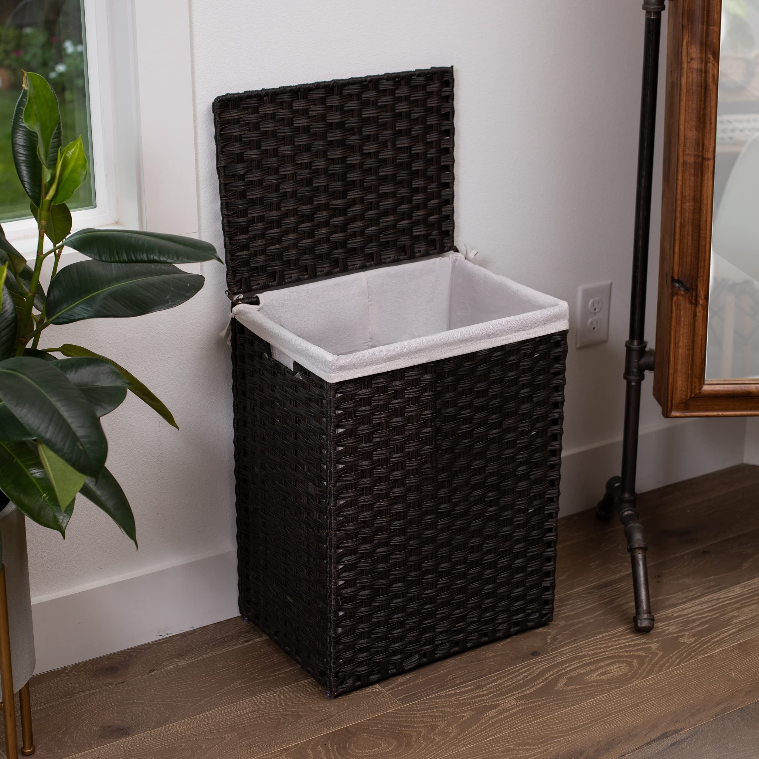 Single Laundry Hamper With Lid | Removable Liner Bag | Hand Woven | Compact Collapsible Clothes Basket | Synthetic Rattan