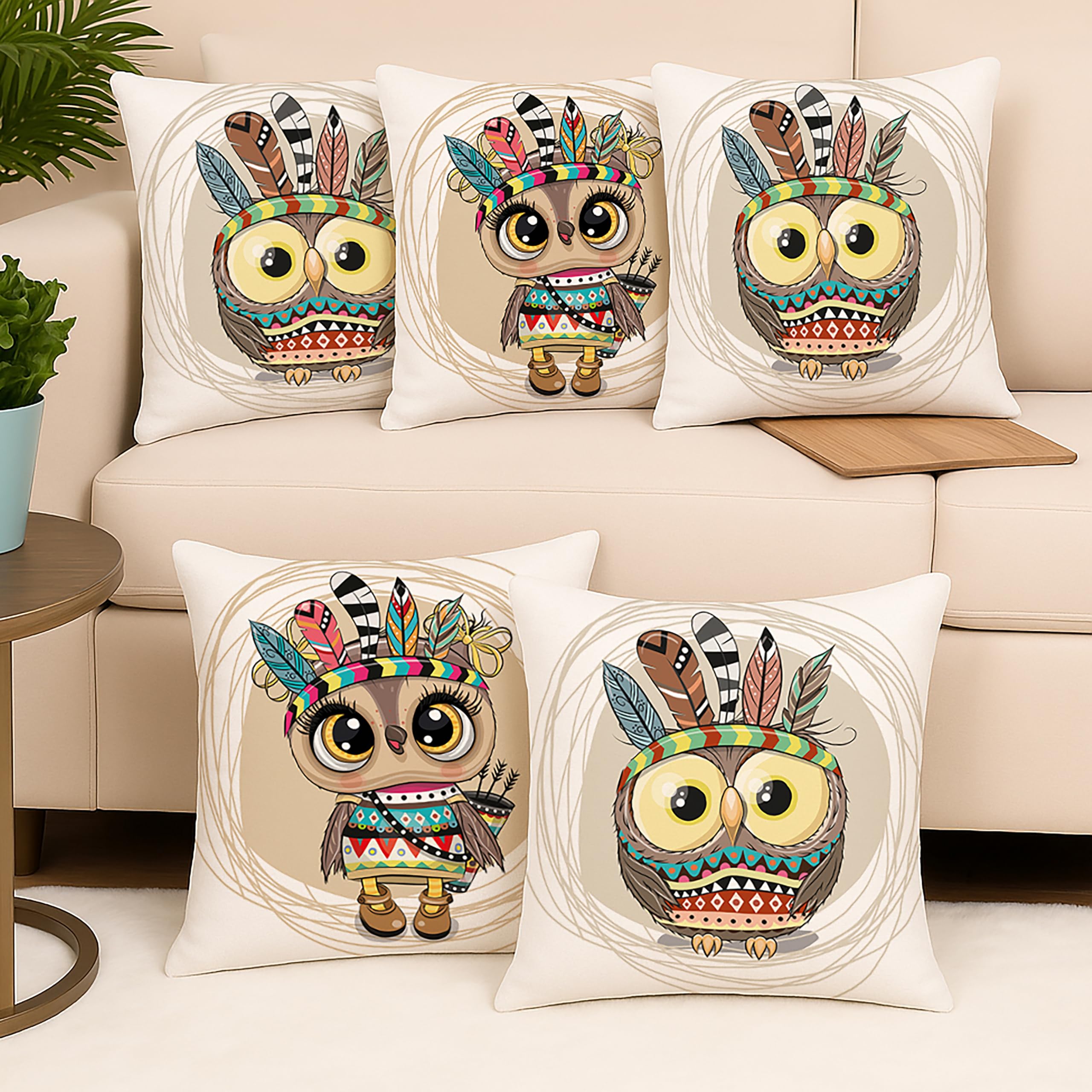 Amazon Brand - Umi Ancient Owl Printed Polycotton Cushion Cover, Set Of 5 (12 X 12 Inches / 30 X 30 Cm)