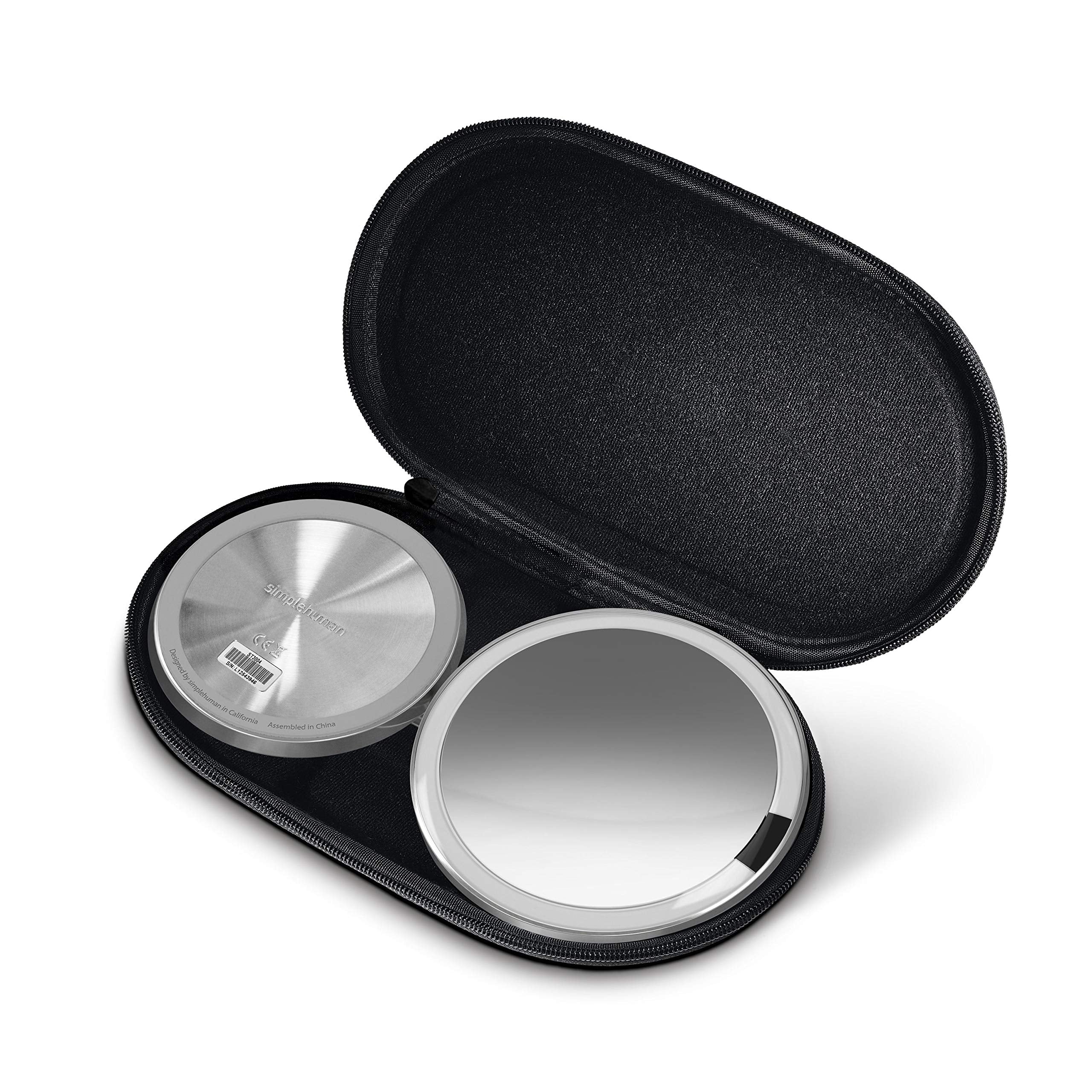 Simplehuman 5'' Round Rechargeable Mini Travel Sensor Makeup Mirror, 10X Magnification, Brushed Stainless Steel