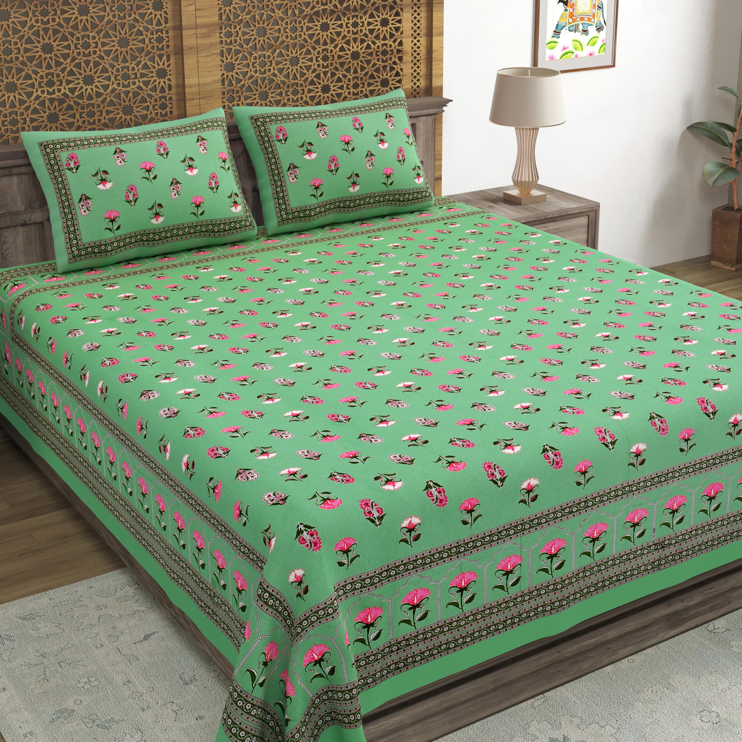 Blocks Of India Hand Block Printed 200 Tc Cotton Super King Size Bedsheet(106 X 106) | Pack Of 1, Batik Green Flower