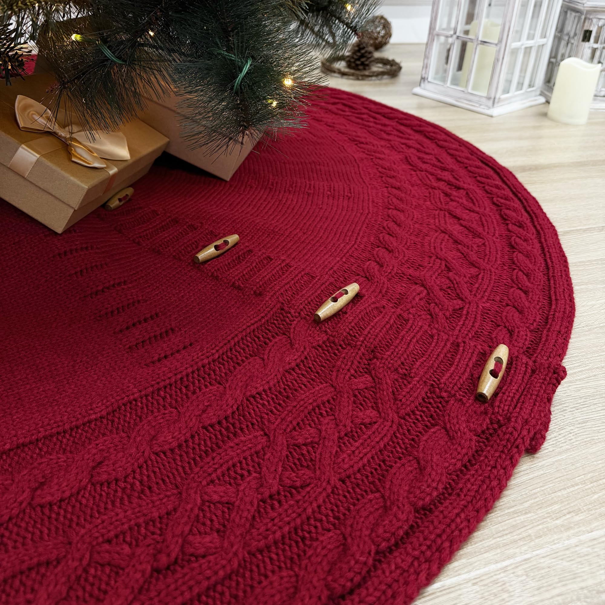 Starry Dynamo 60-Inch Cable Sweater Knit Christmas Tree Skirt with Wooden Toggles, Burgundy