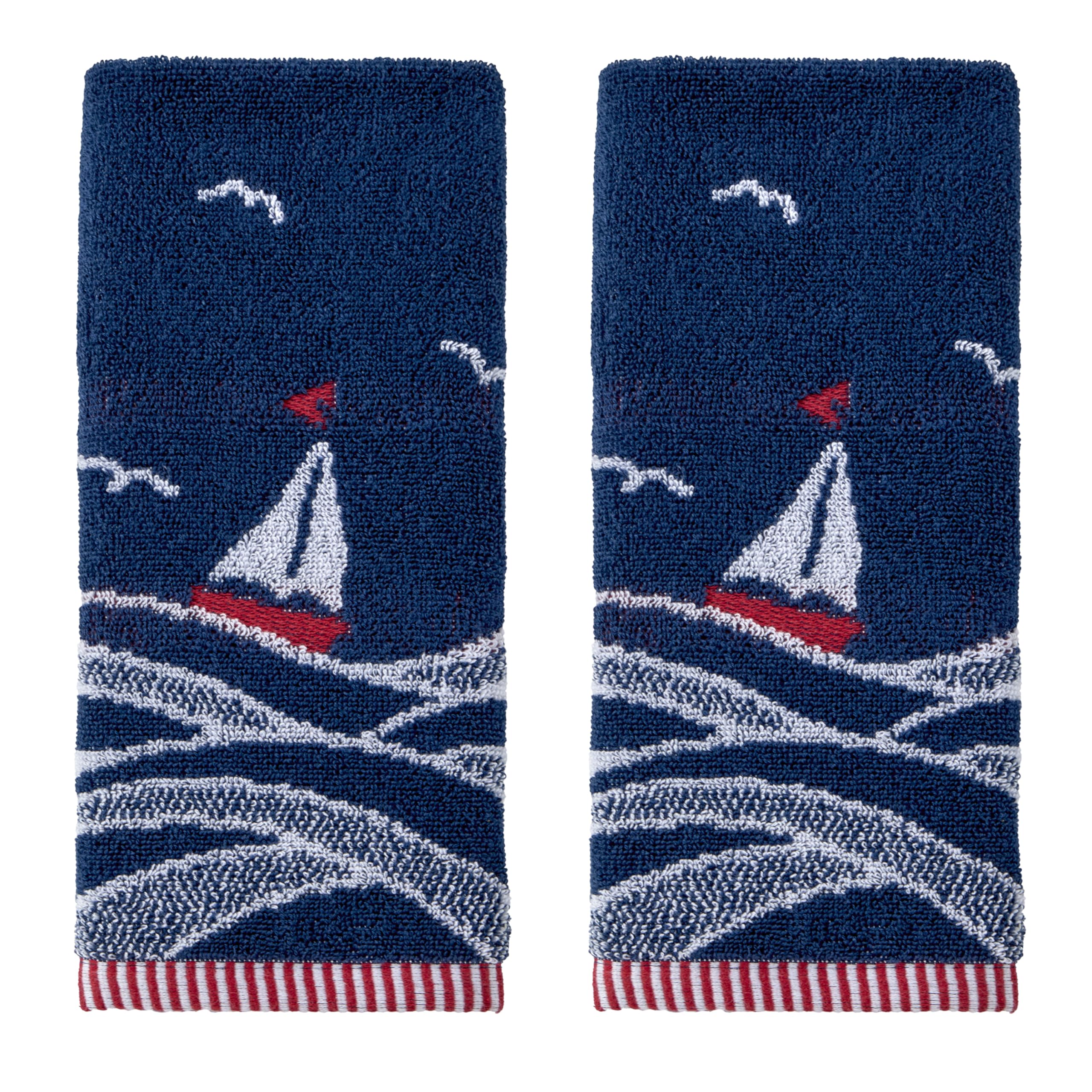 SKL HOME Sailboat Waves Hand Towel 2pc Set for Bath/Kitchen/Bar & Gift, Navy