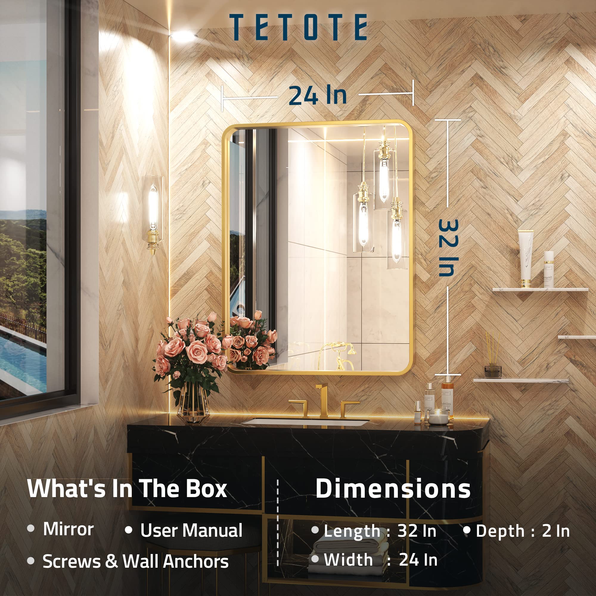 Tetote Brushed Gold Bathroom Mirror, 24 X 32 Inch Metal Framed Mirror, Brushed Brass Rectangle Wall Mounted Golden Vanity Mirror