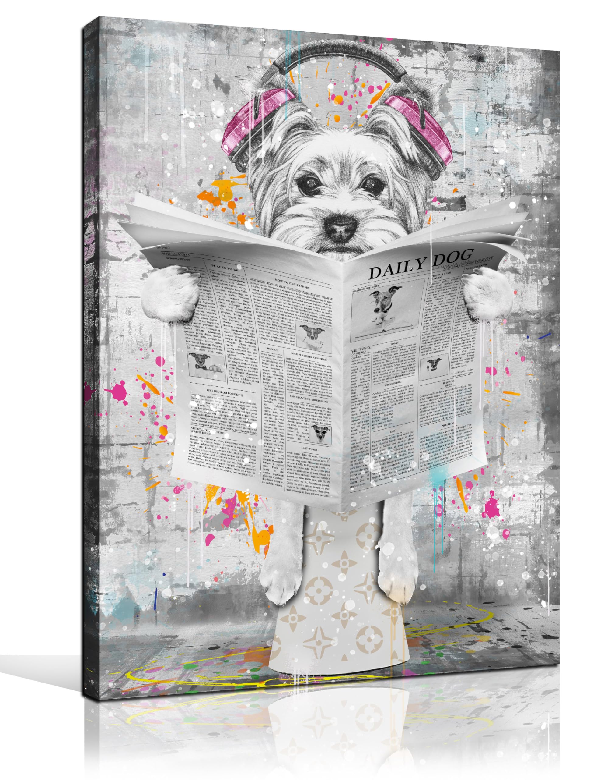 Entanub Dog Wall Art For Bathroom, Funny Animal Canvas Print Painting For Bedroom, Black And White Pictures Decor, Size 12X16 In