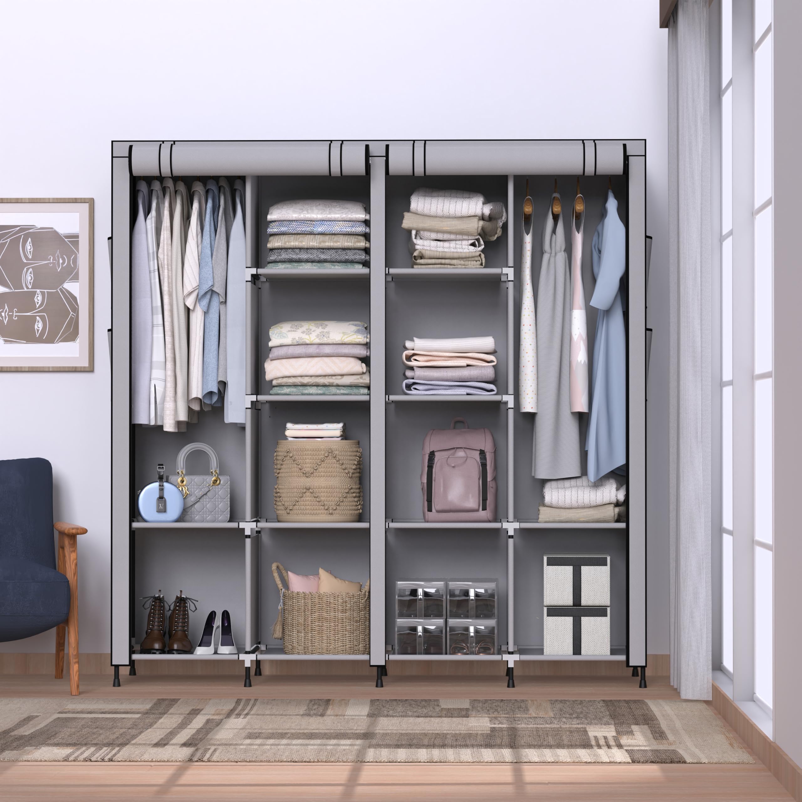 Hausway Foldable Almirah For Clothes | 4Door Cabinet & Multipurpose Collapsible Fabric Organizer | Foldable Wardrobe For Clothe