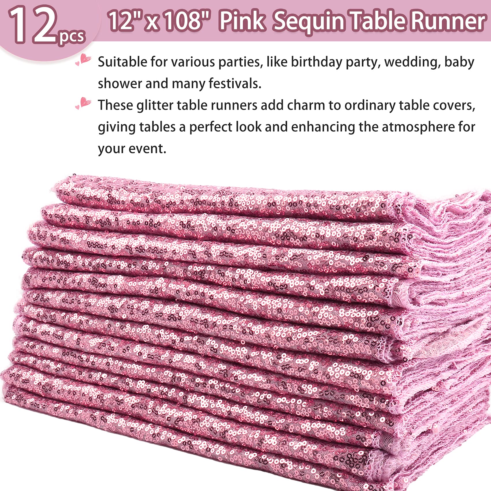 12 Packs 12 X 108 Inch Pink Sequin Table Runner Glitter Dining Table Runner For Birthday Wedding Engagement Bridal Baby Shower B