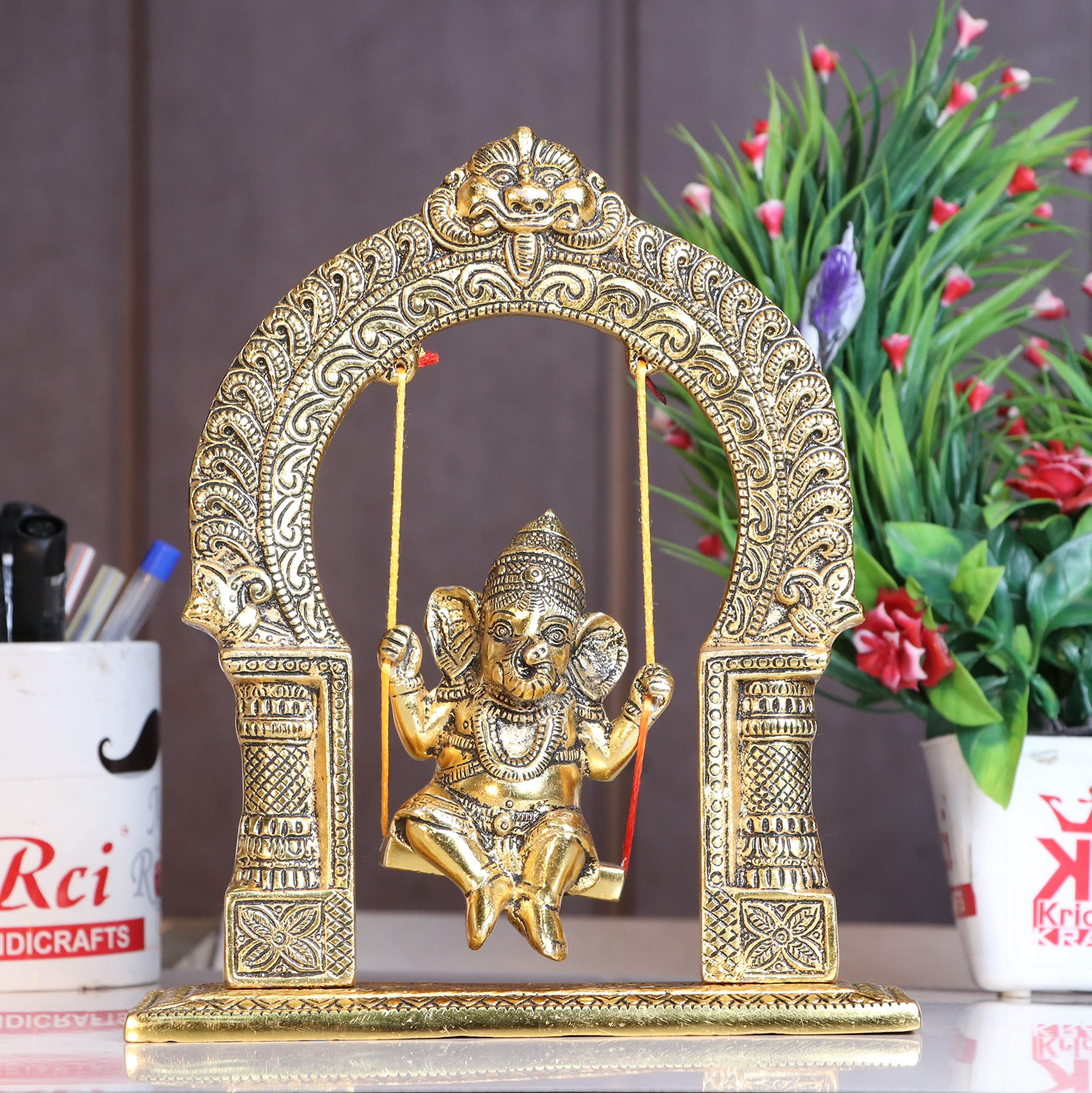 Kridaykraft Ganesh Ji Dori Jhula Idol, Ganpati Idol On Swing Jhula For Temple Pooja, Ganesh Metal Statue Home, Office & Table De