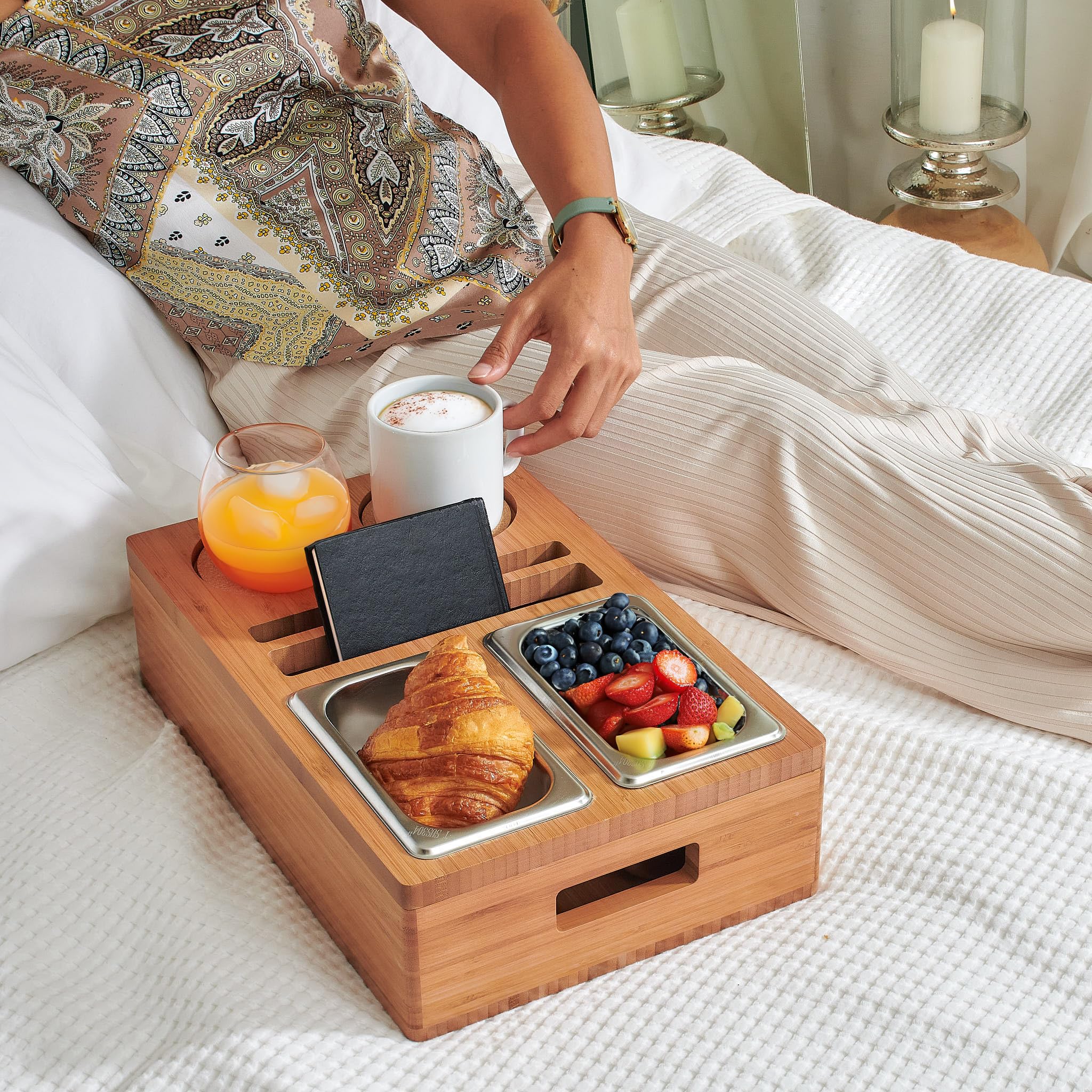 Cozy Heroes Bamboo Couch Console Caddy: Ultimate Couch Cup Holder Tray, Middle-Couch Organizer, Drink Holder With Removable Magn